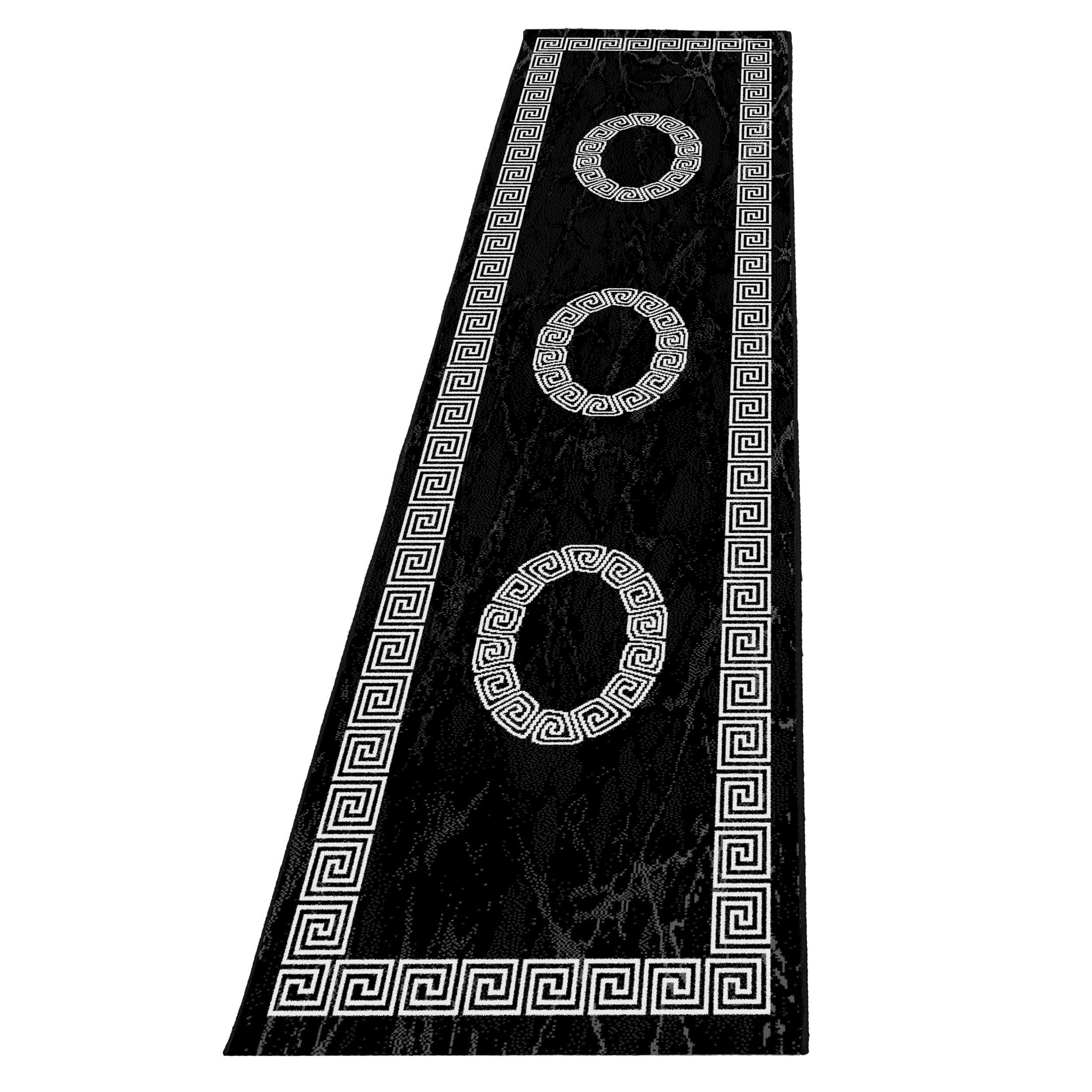 Bettumrandung Läuferset 3 teilig Teppich kurzflor Mäander Muster Schwarz Weiß
