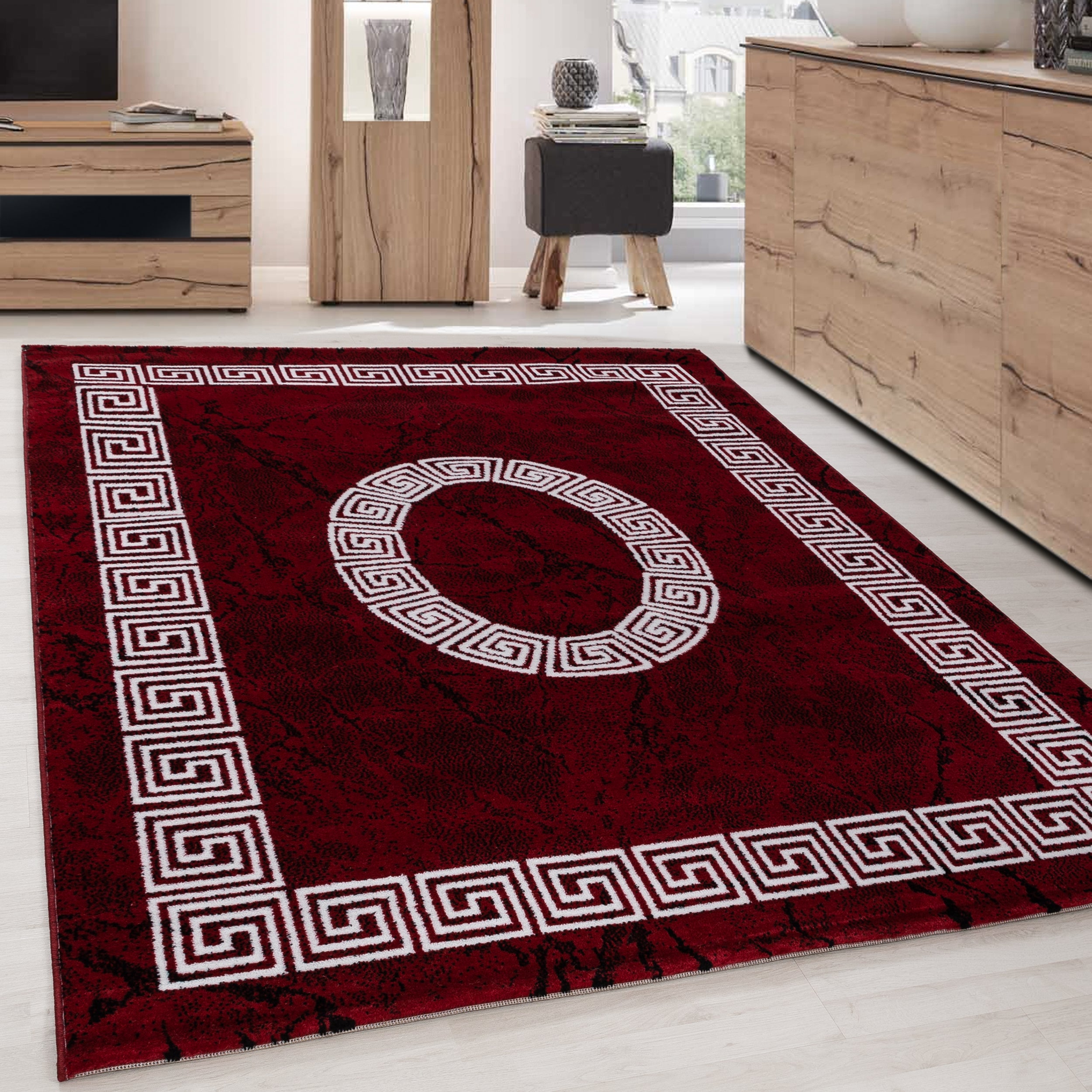 Modern Kurzflor Teppich Wohnzimmer Mäander Design Weich Pflegeleicht