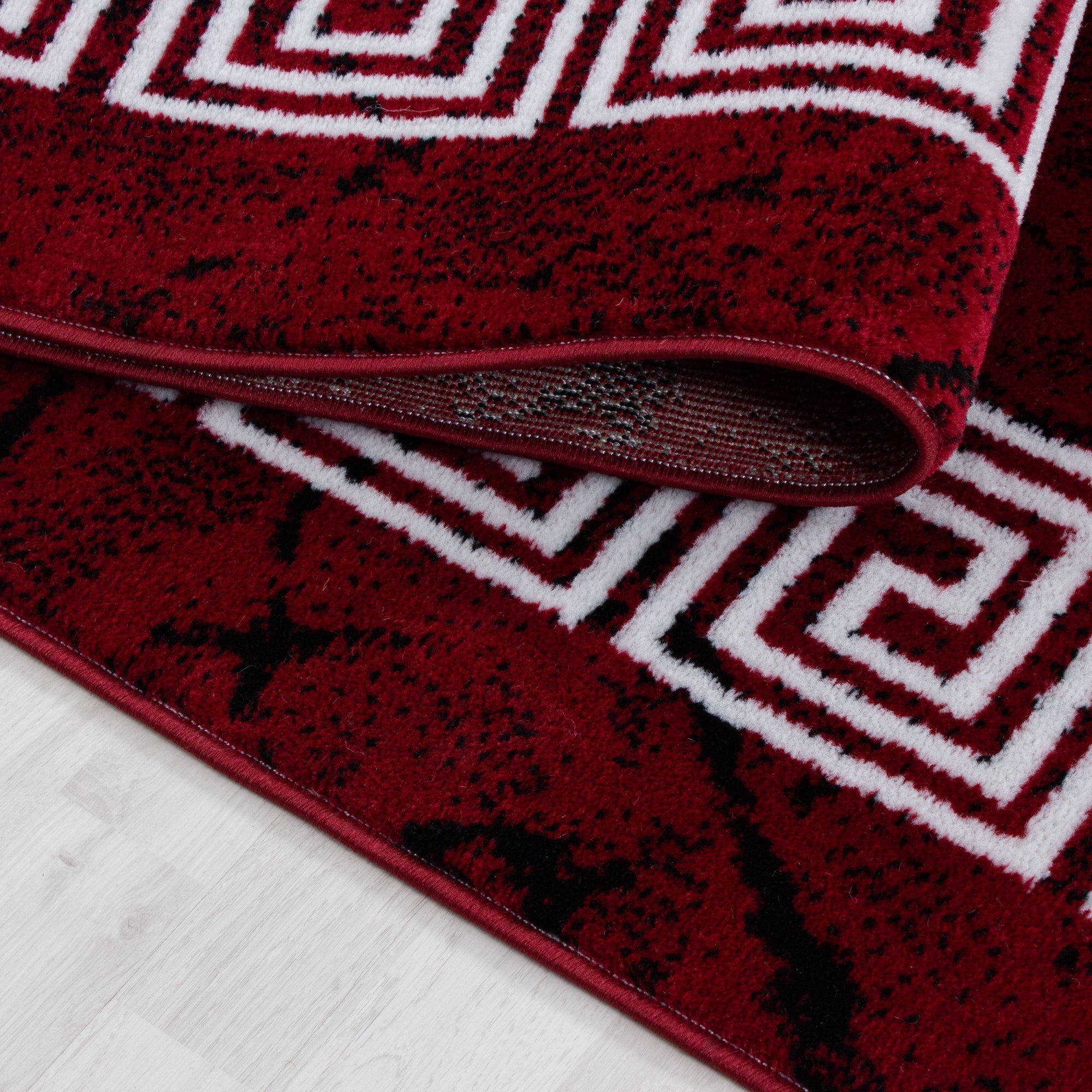 Bettumrandung Läuferset 3 teilig Teppich kurzflor Mäander Muster Rot Weiß