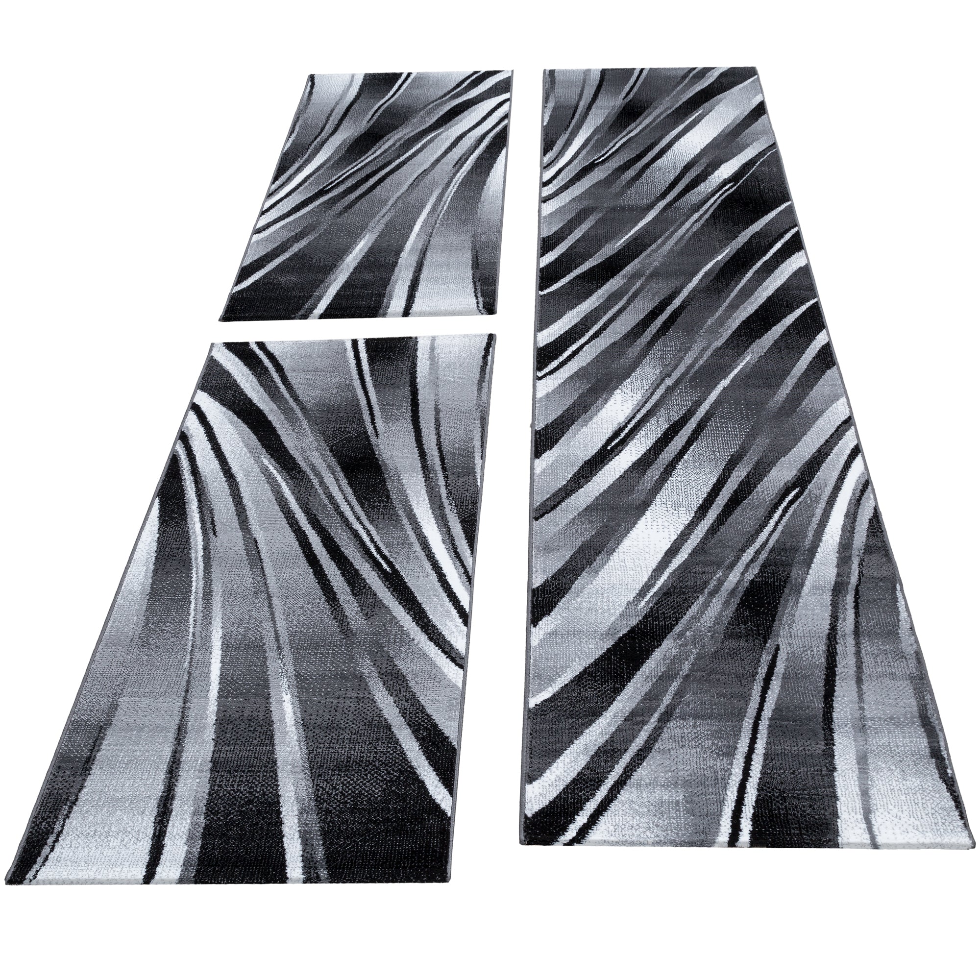 Tapis à poils ras, bordure de lit, ensemble 3 pièces pour chambre à coucher, noir et blanc chiné