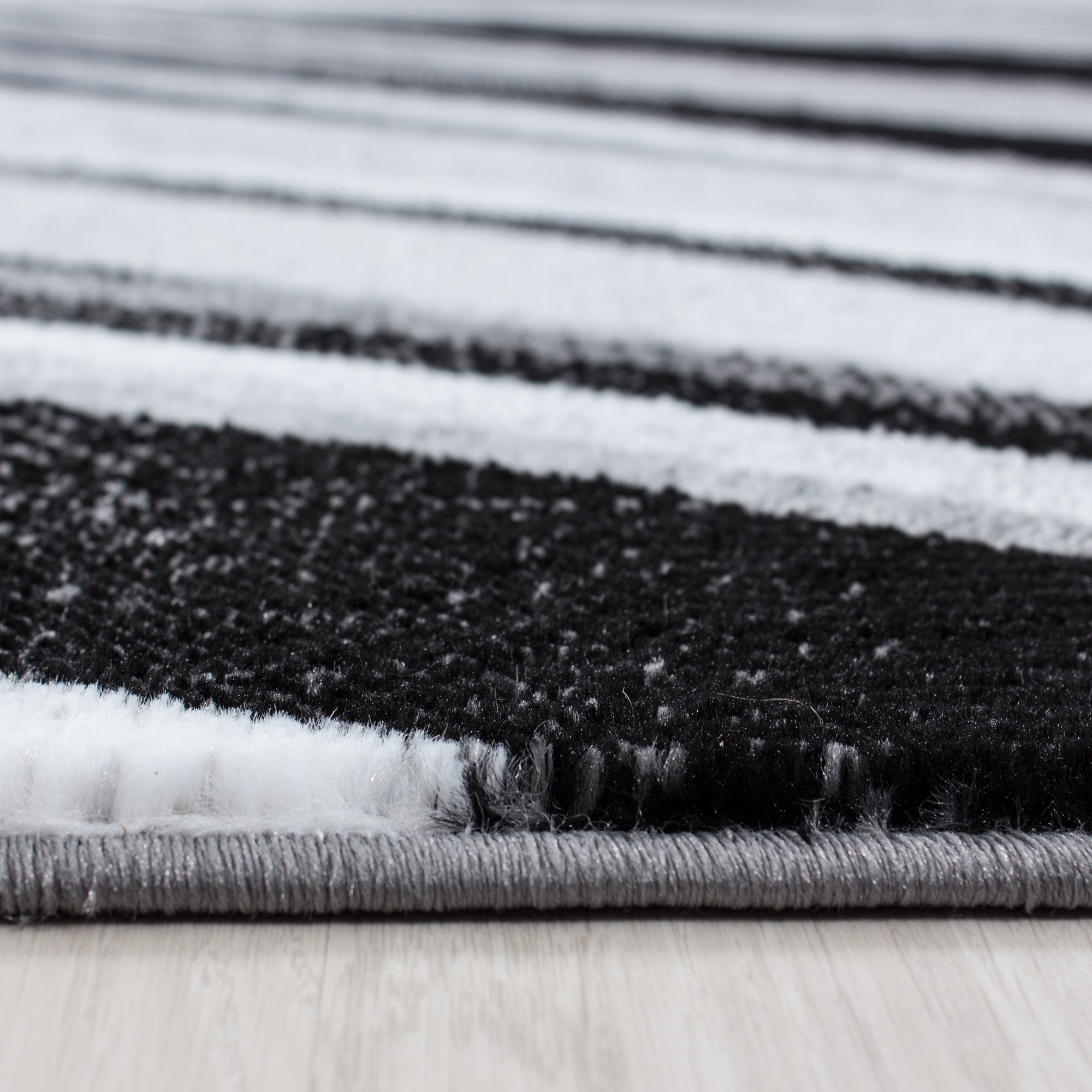 Tapis à poils ras, bordure de lit, ensemble 3 pièces pour chambre à coucher, noir et blanc chiné