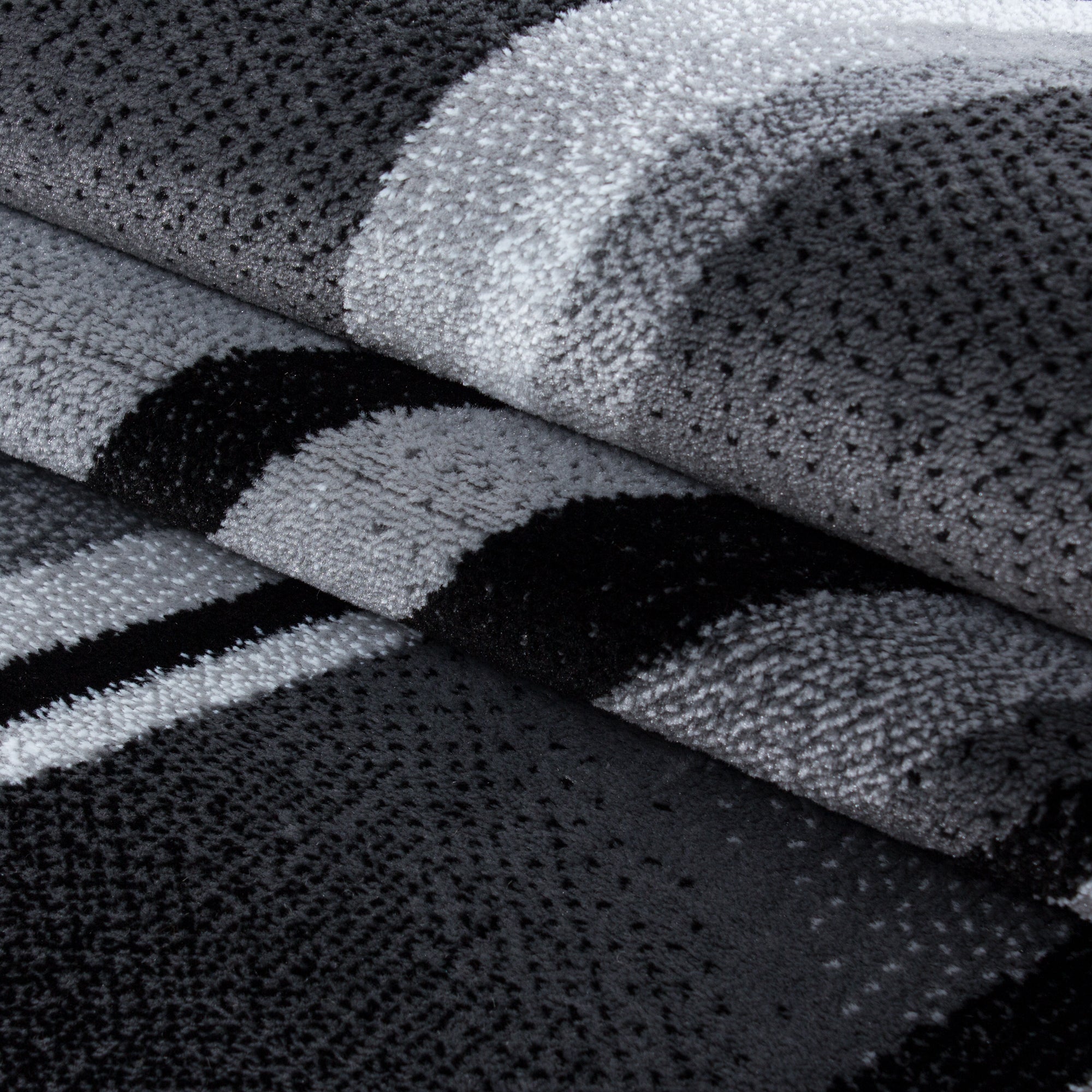 Tapis à poils ras, bordure de lit, ensemble 3 pièces pour chambre à coucher, noir et blanc chiné