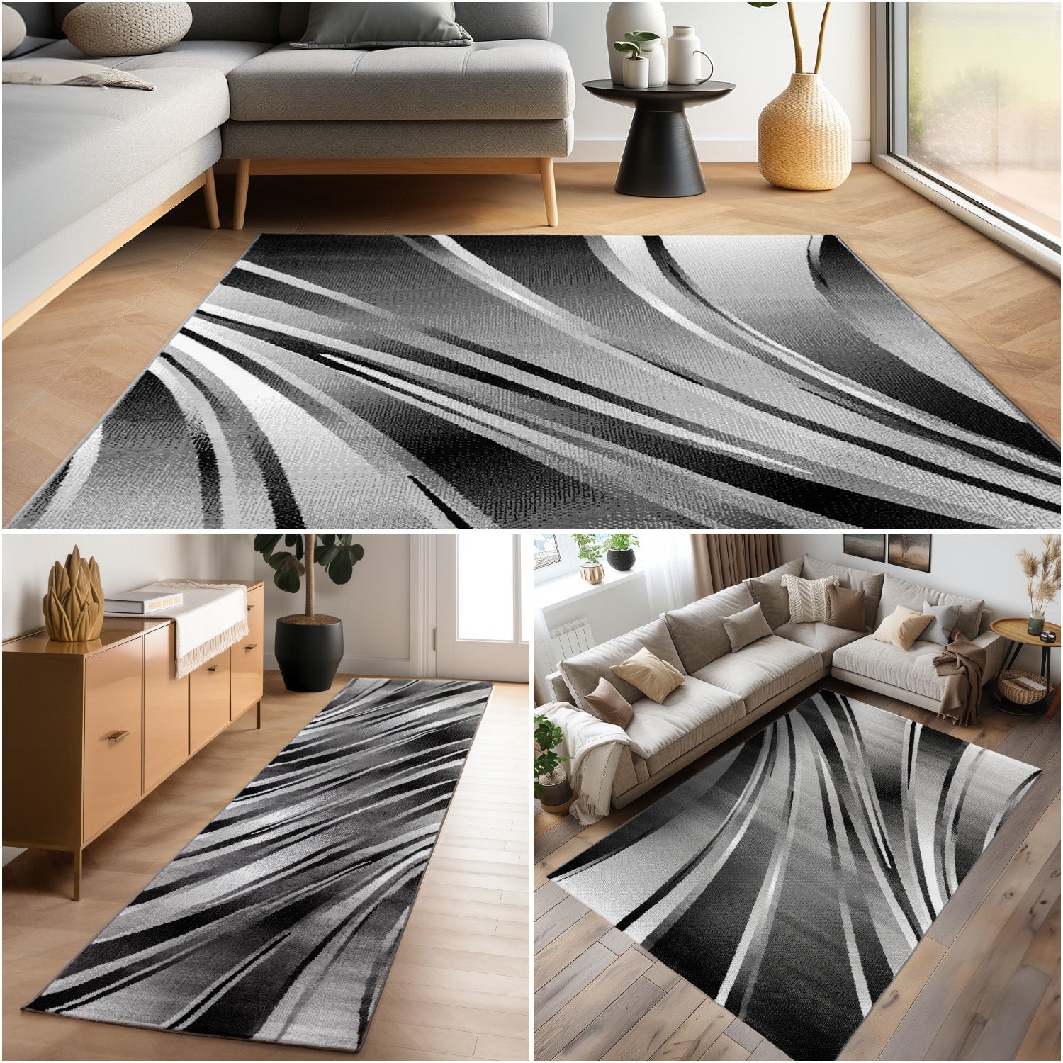 Teppich Wohnzimmer Schlafzimmer Modern Kurzflor Abstrakt Wellen Design Robust