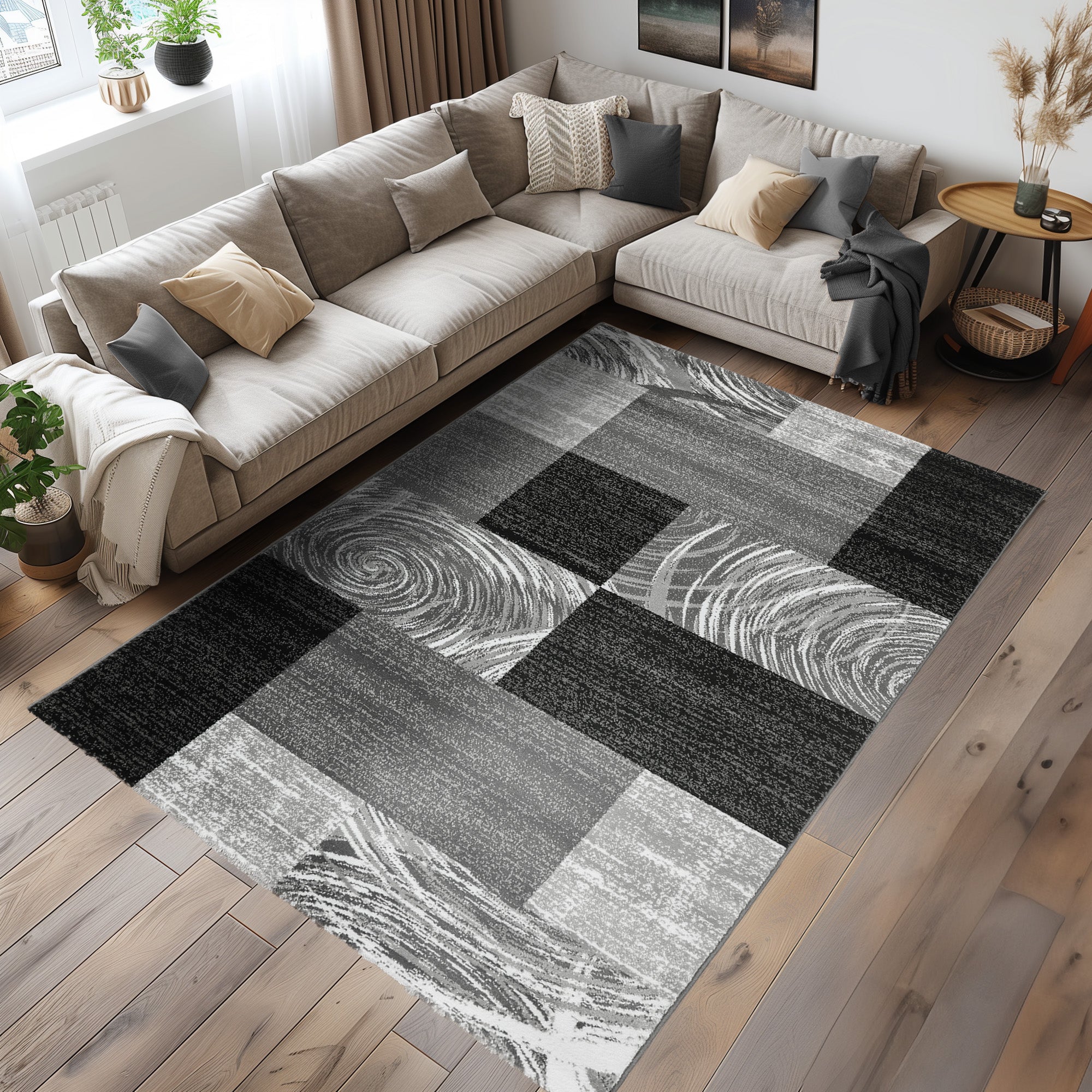 Teppich Wohnzimmer Schlafzimmer Modern Kurzflor Abstrakt Kariert Design Robust