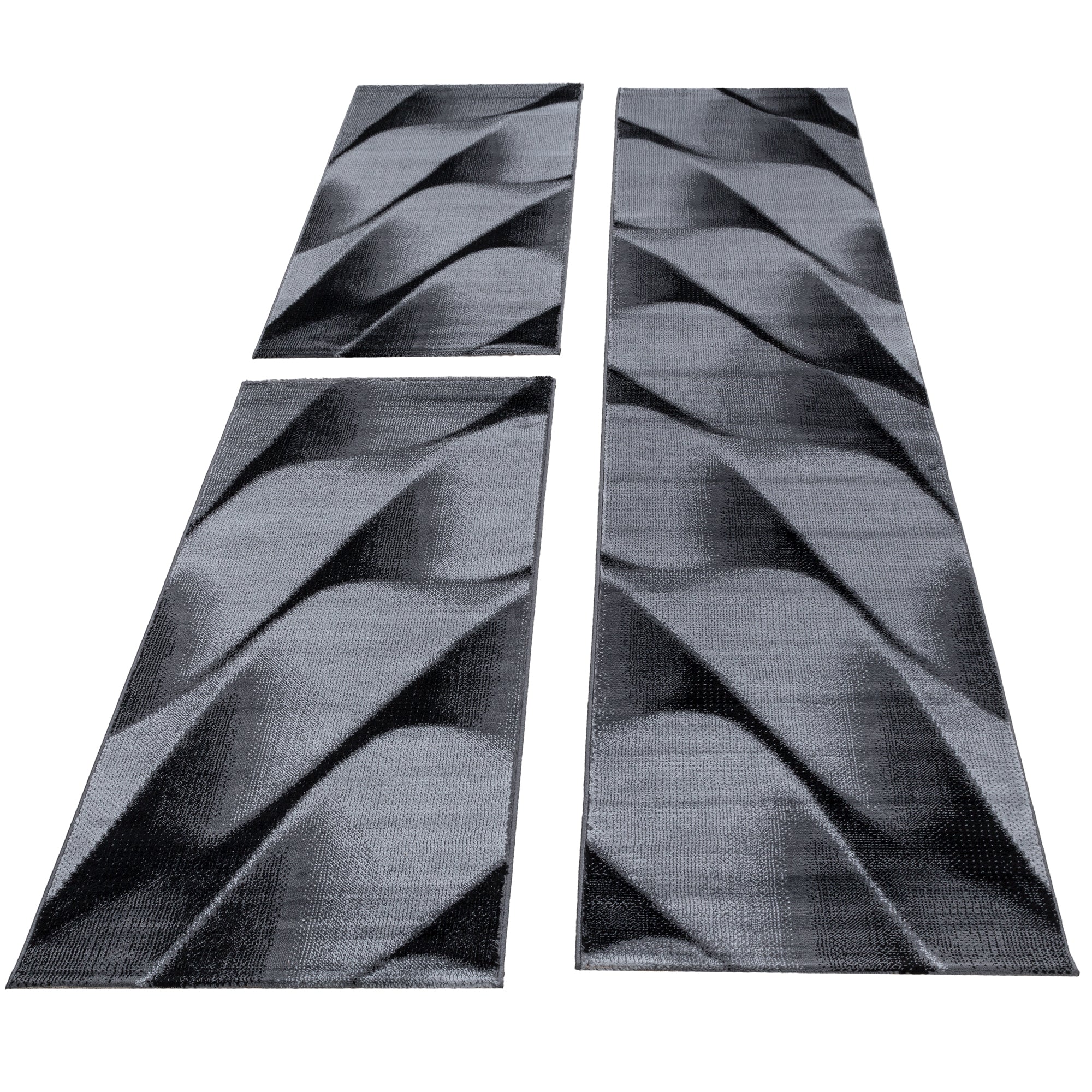 Tapis de chambre à poils ras, bordure de lit, vagues, aspect ombre, noir et gris