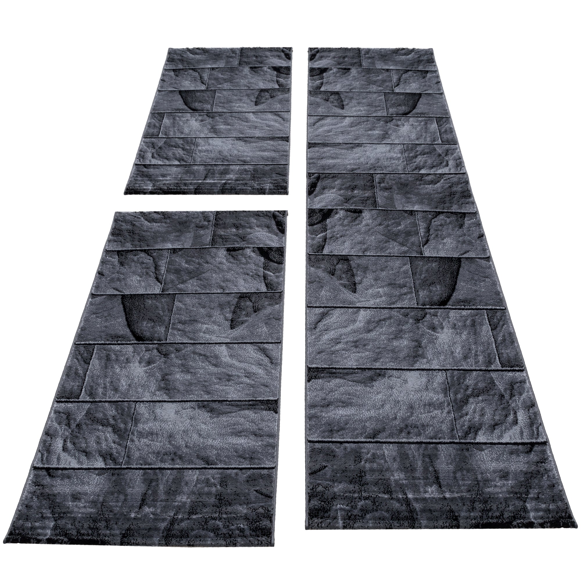 Set de tapis bordure de lit 3 pièces aspect pierre noir gris chiné
