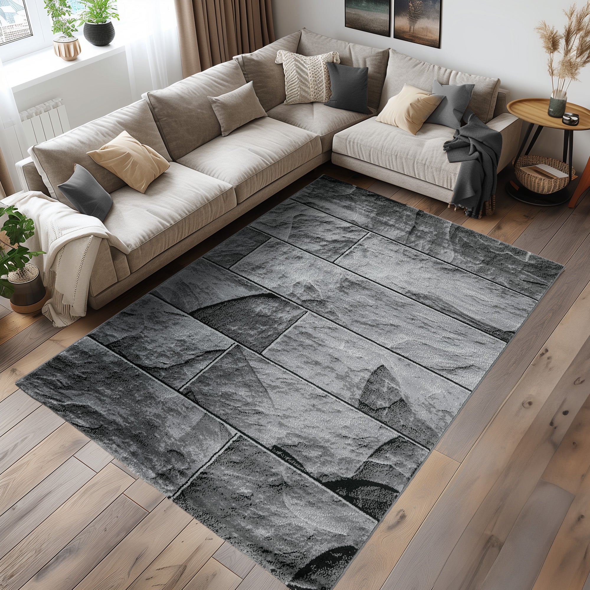 Teppich Wohnzimmer Schlafzimmer Modern Kurzflor Kariert Stein Design Robust