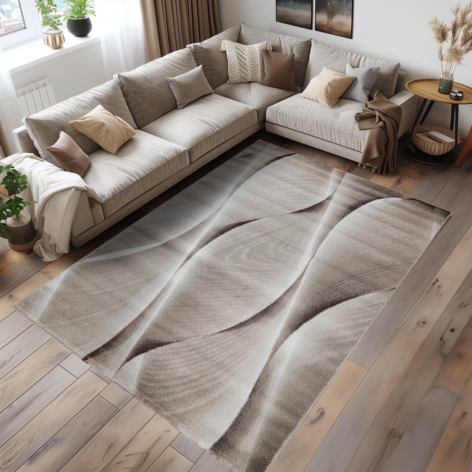 Teppich Wohnzimmer Schlafzimmer Modern Kurzflor Wellen Holzdesign Robust Weich