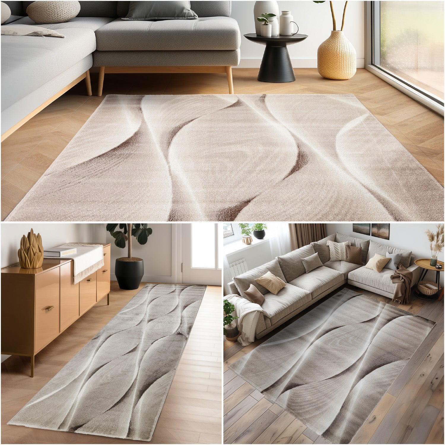 Teppich Wohnzimmer Schlafzimmer Modern Kurzflor Wellen Holzdesign Robust Weich