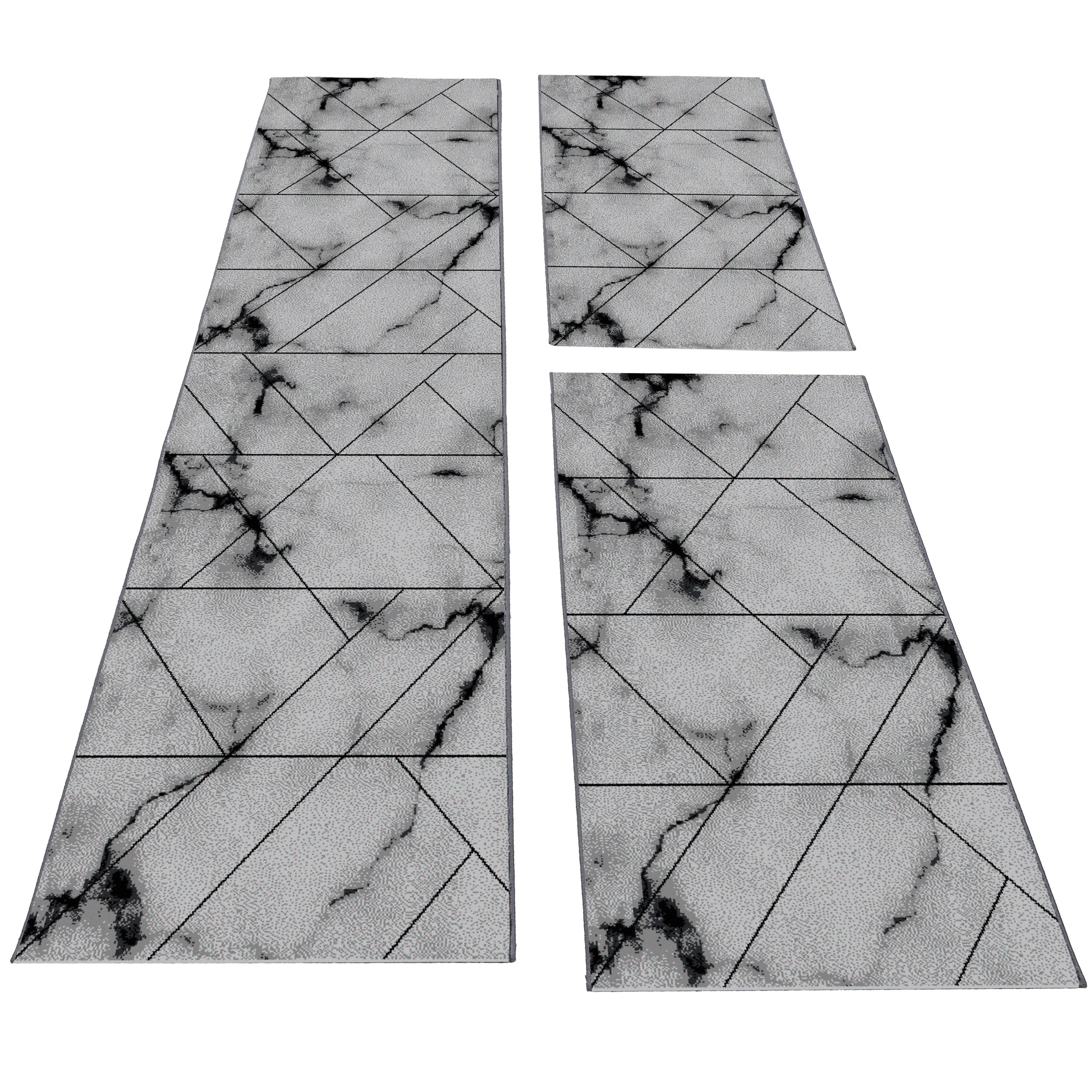 Bettumrandung Läuferset Teppich Marmor optik Linien Muster 3 Teilig Schwarz Grau