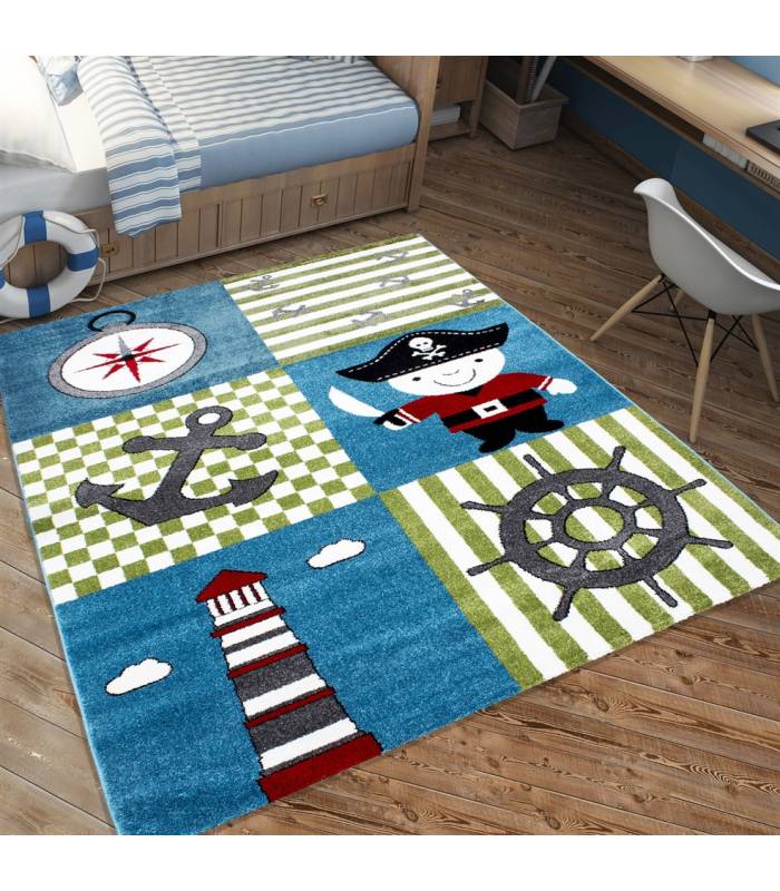 Children's carpet short pile lighthouse seafaring ship children's room gray beige