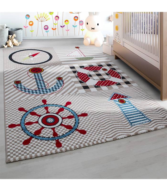 Kinderteppich Kurzflor Leuchtturm Seefahrt Schiff Kinderzimmer Grau Beige