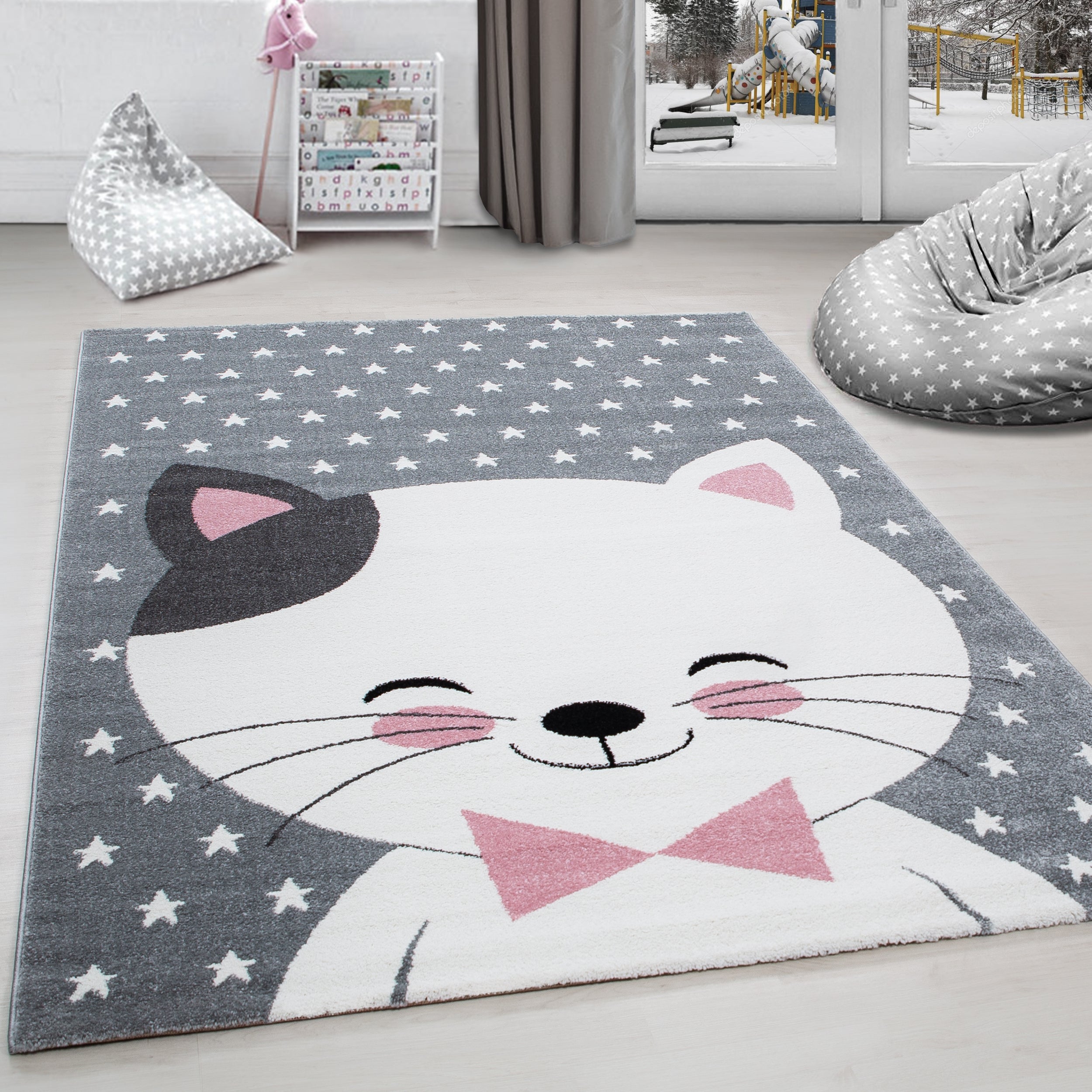 Kinderteppich Mädchen Katze Design Babyzimmer Teppich Kinderzimmer Pflegeleicht