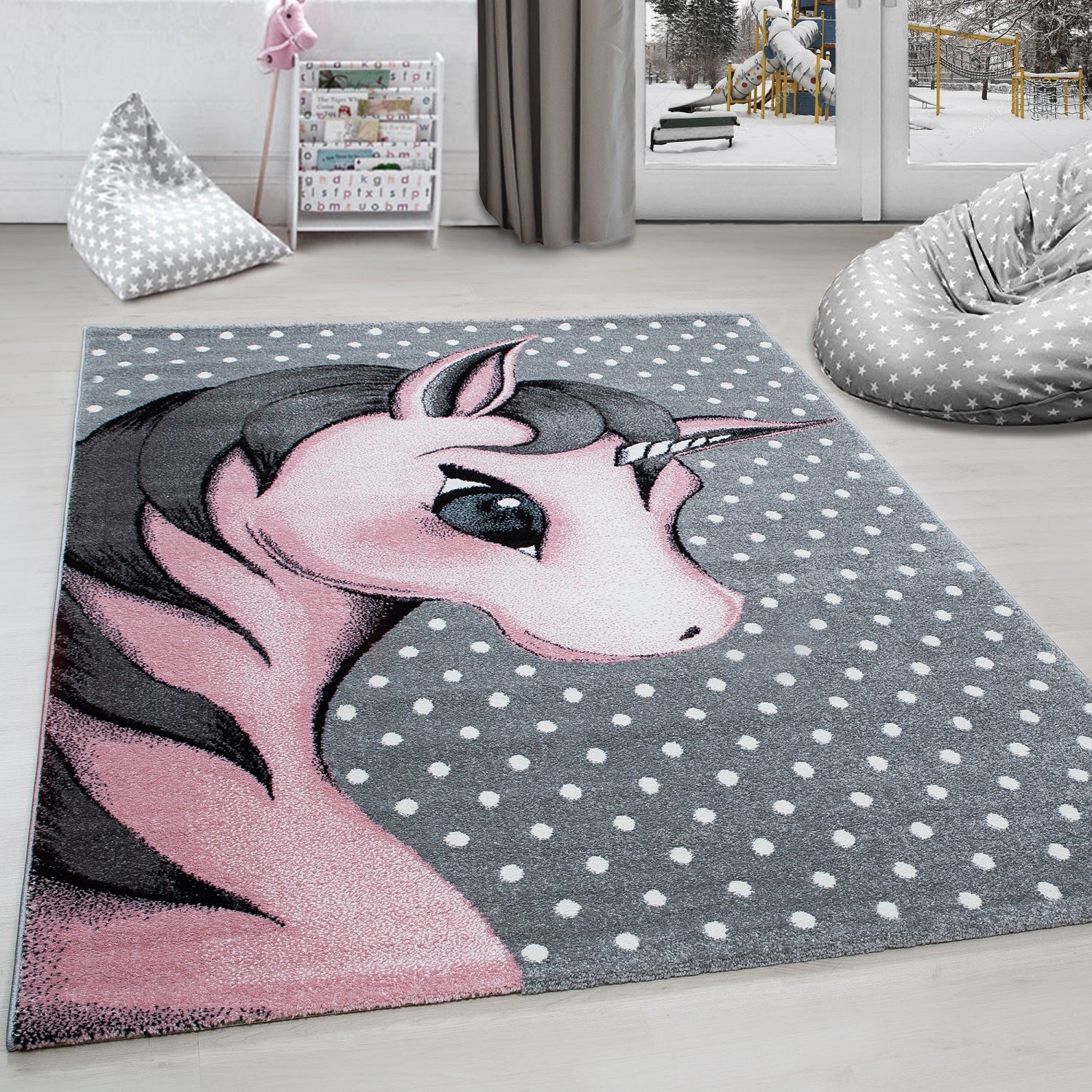 Kinderteppich Mädchen süße Einhorn Design Babyzimmer Teppich Kinderzimmer