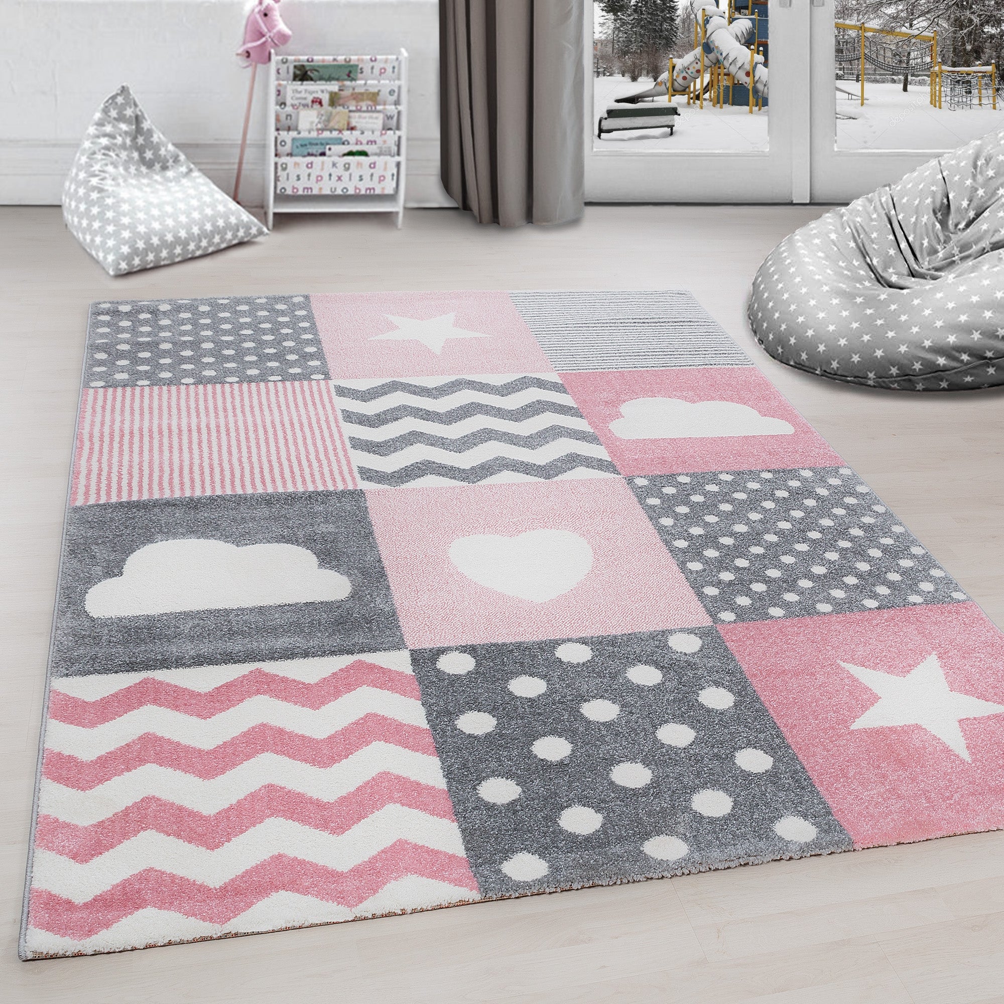 Kinderteppich Mädchen Herz-Stren Karo Design Babyzimmer Teppich Kinderzimmer