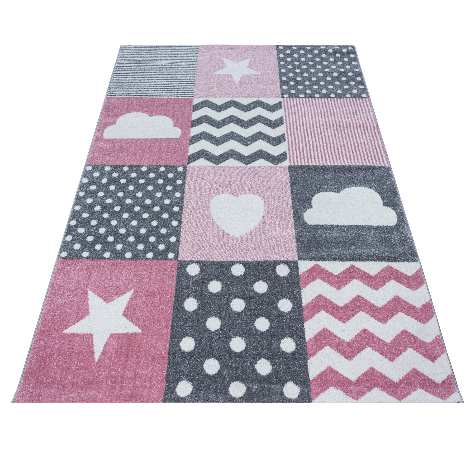 Kinderteppich Mädchen Herz-Stren Karo Design Babyzimmer Teppich Kinderzimmer