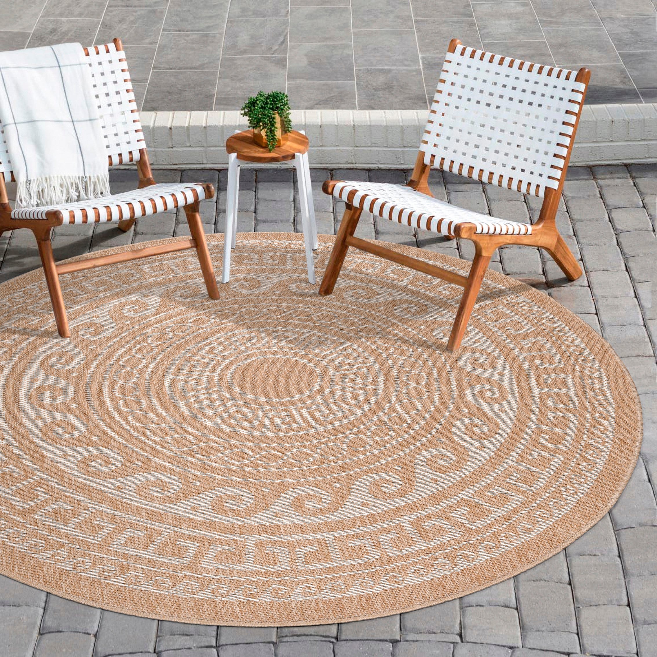 Round outdoor rug vintage design weatherproof patio kitchen balcony