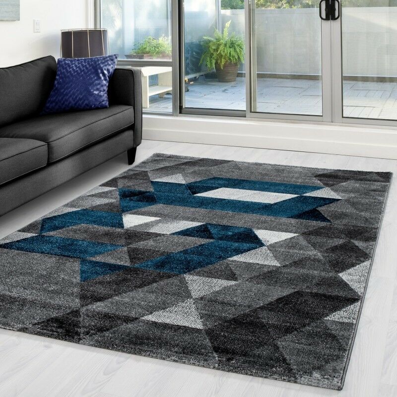 Wohnzimmerteppich Kurzflor Teppich Designer Dreieck Muster Türkis Grau Meliert