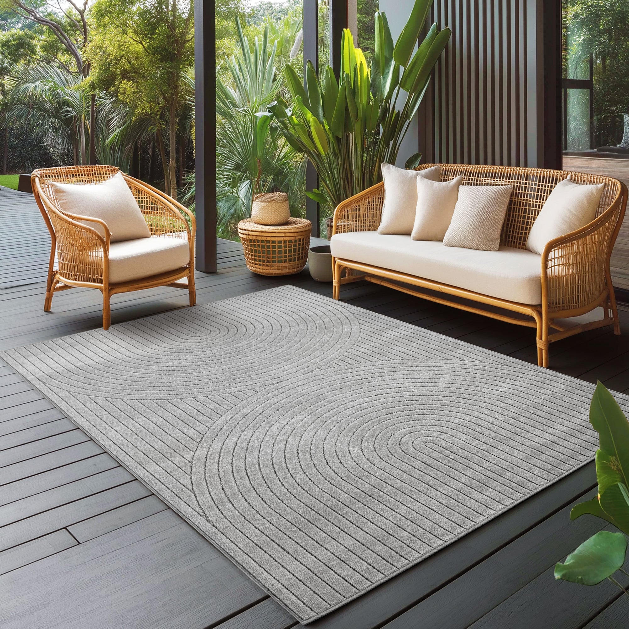 Carpettex Outdoor Teppich Wetterfest Wohnzimmer Balkon, 3D Effekt Waschbar Grau
