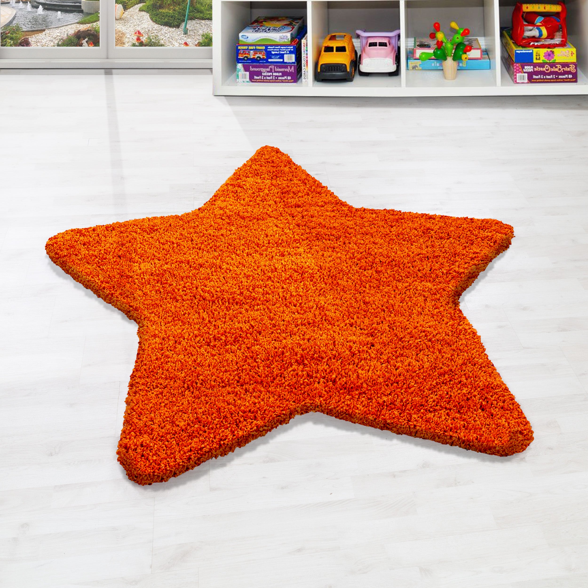 Tapis en forme d'étoile pour enfant, poils longs, motif étoile, couleur orange