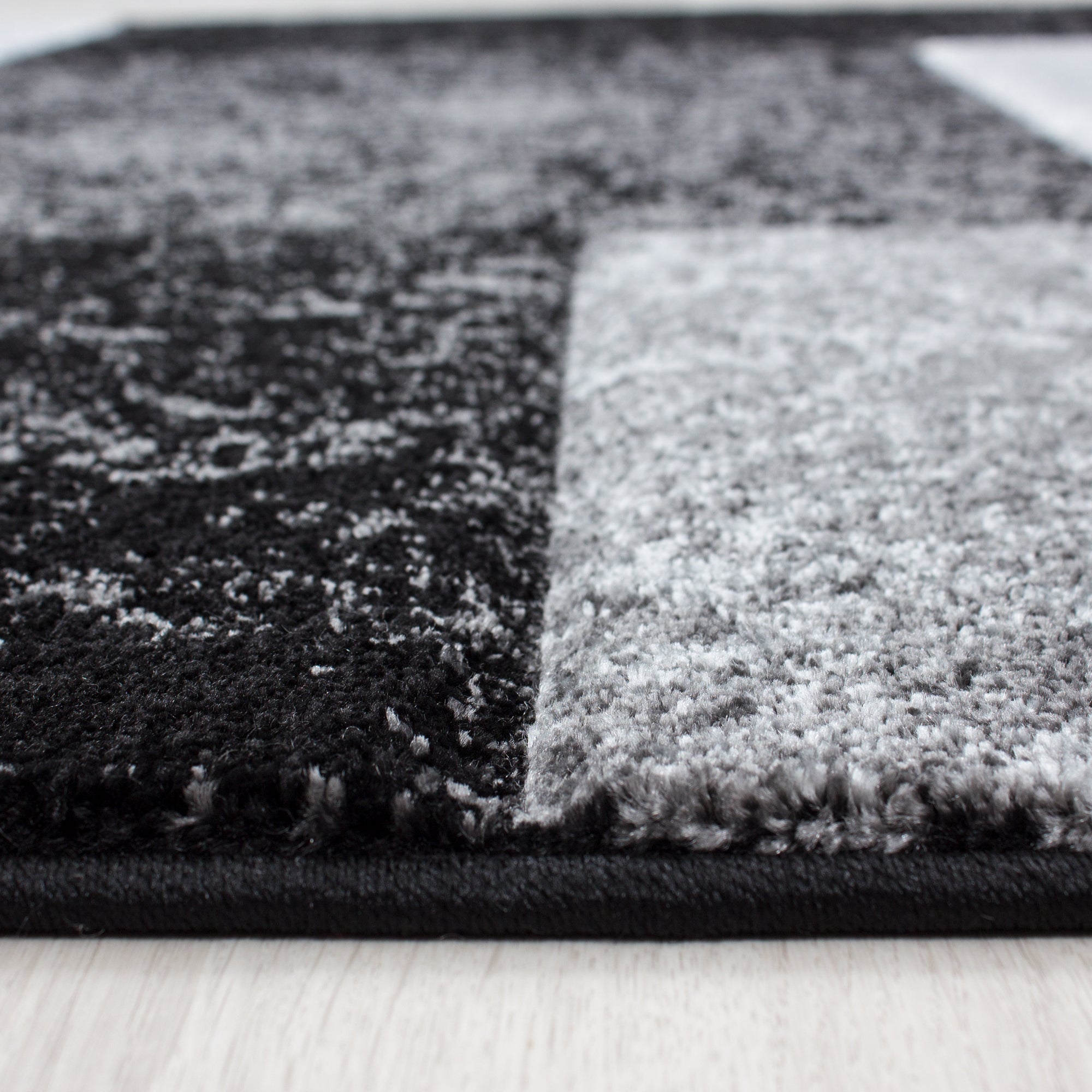 Bettumrandung Modern Läufer Teppich Kariert Muster 3 Teilig Schwarz Grau Weiß