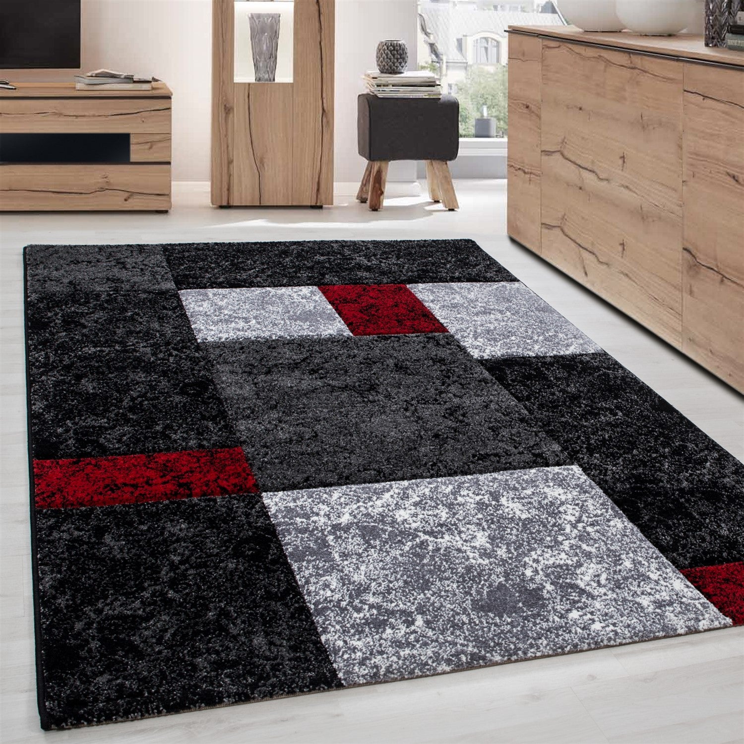 Tapis de salon design à poils courts, design moderne à carreaux, coupe aux contours doux