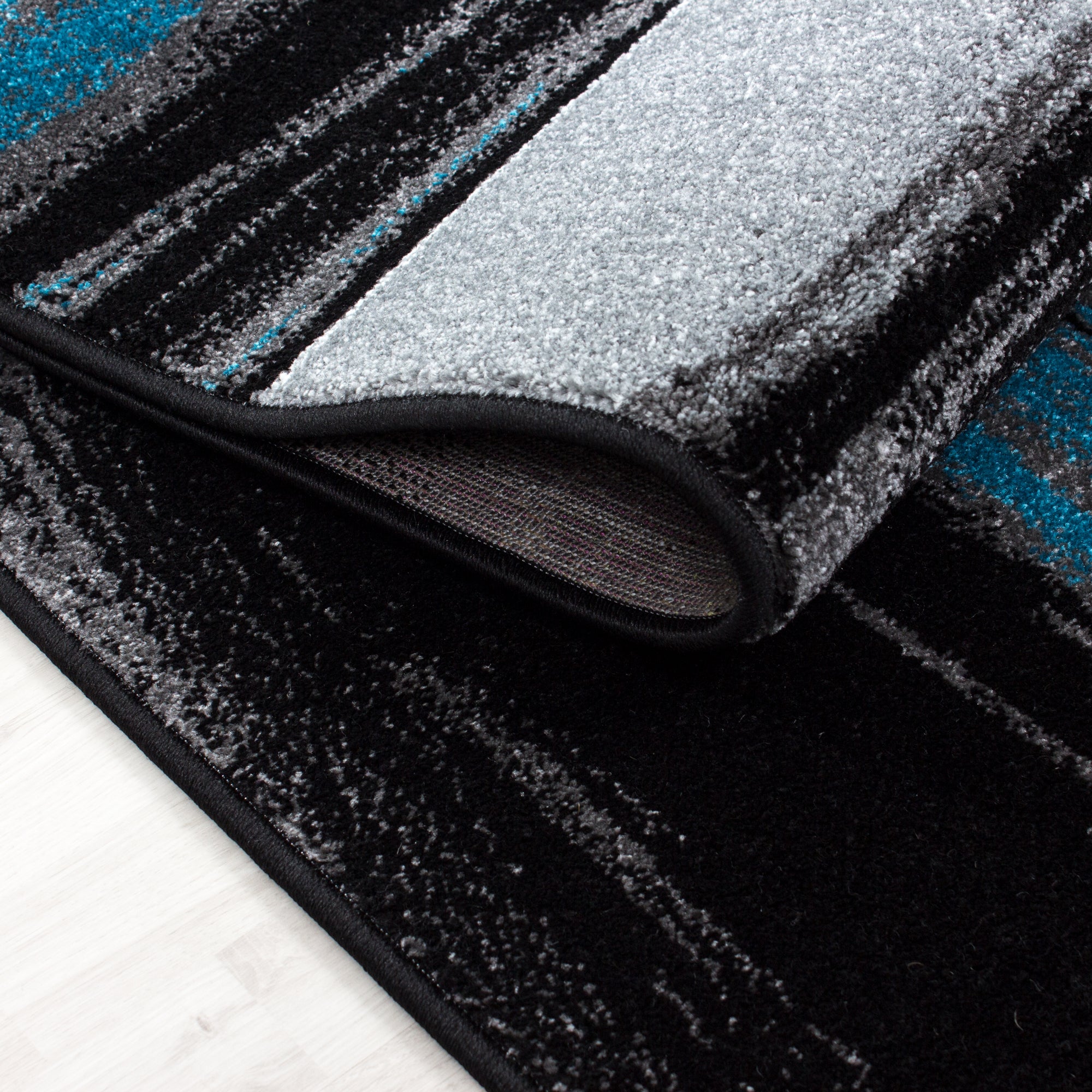 Set de tapis à poils ras 3 pièces bordure de lit gris noir turquoise chiné