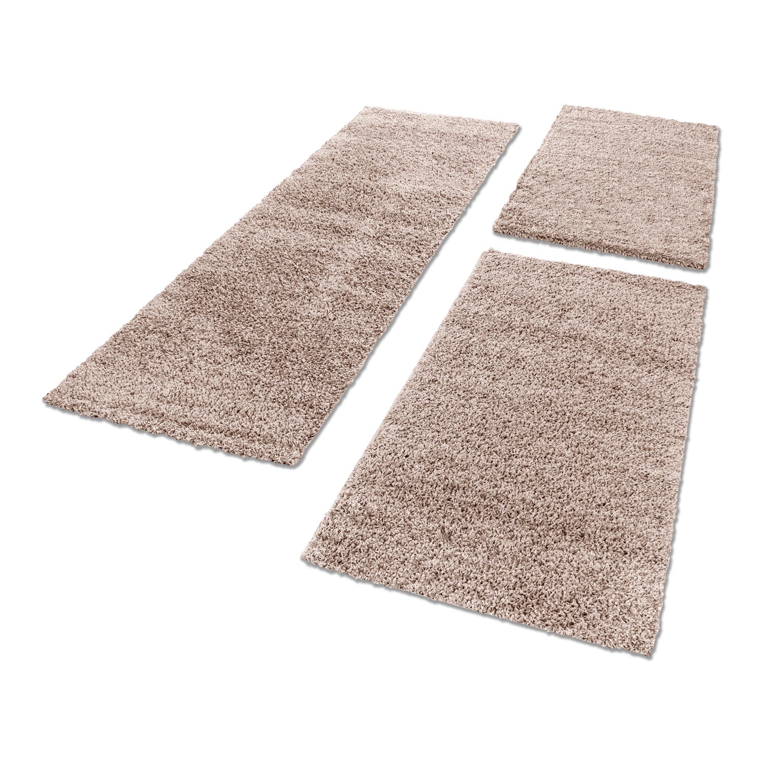 Bettumrandung Shaggy Teppich Läuferset Uni 3 teilig Hochflor Einfarbig Beige