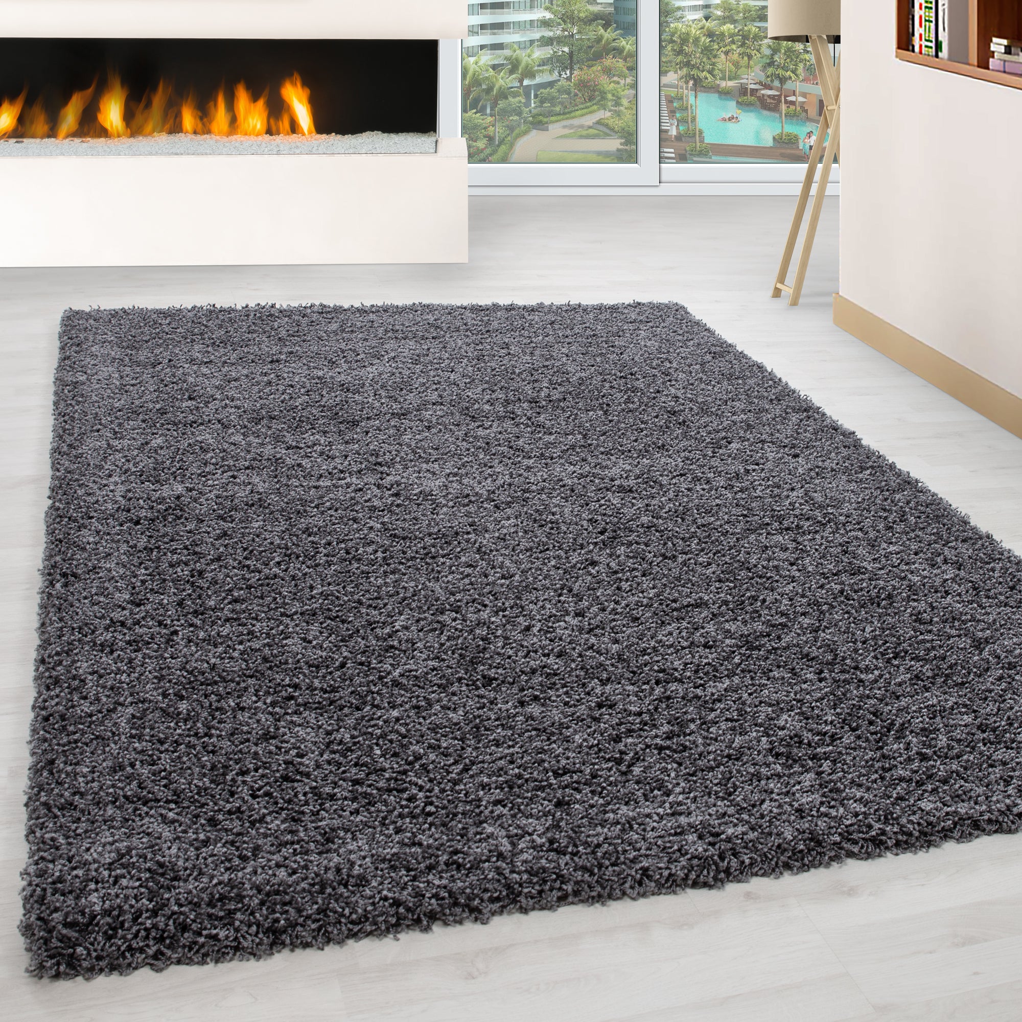 Deep pile rug for living room, long pile shaggy rug, plain design, fluffy