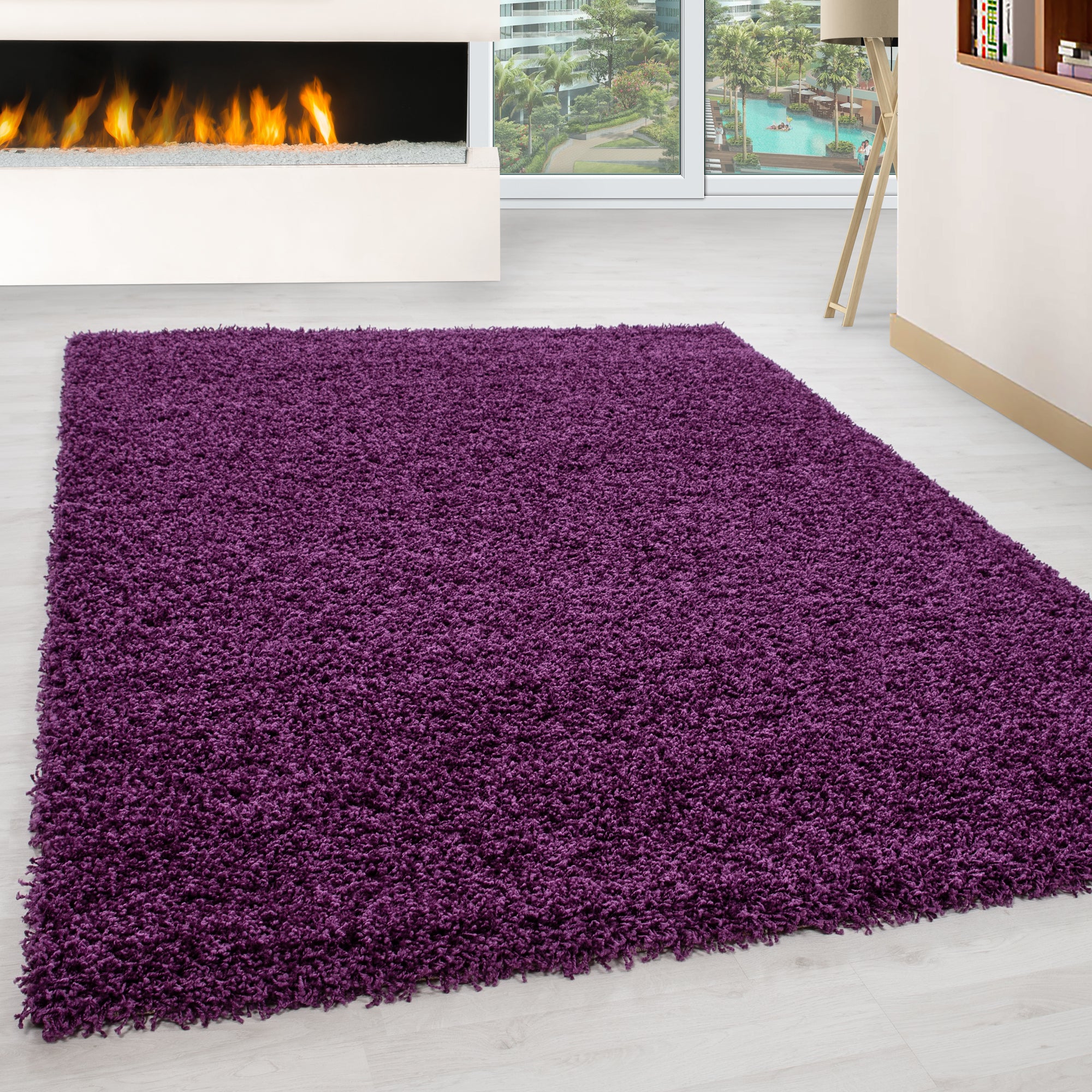 Deep pile rug for living room, long pile shaggy rug, plain design, fluffy