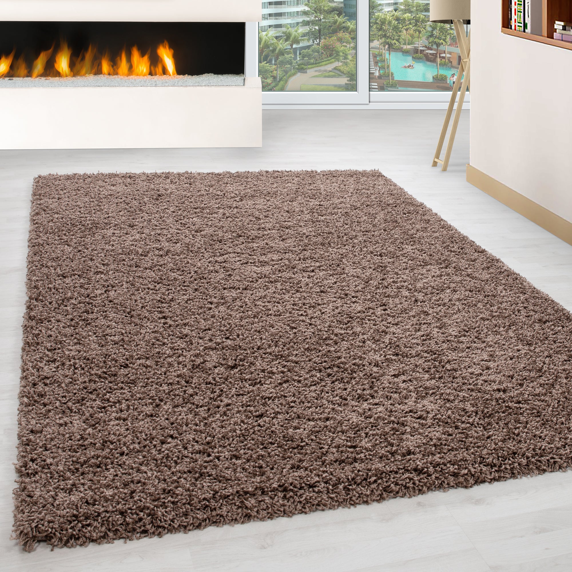 Deep pile rug for living room, long pile shaggy rug, plain design, fluffy