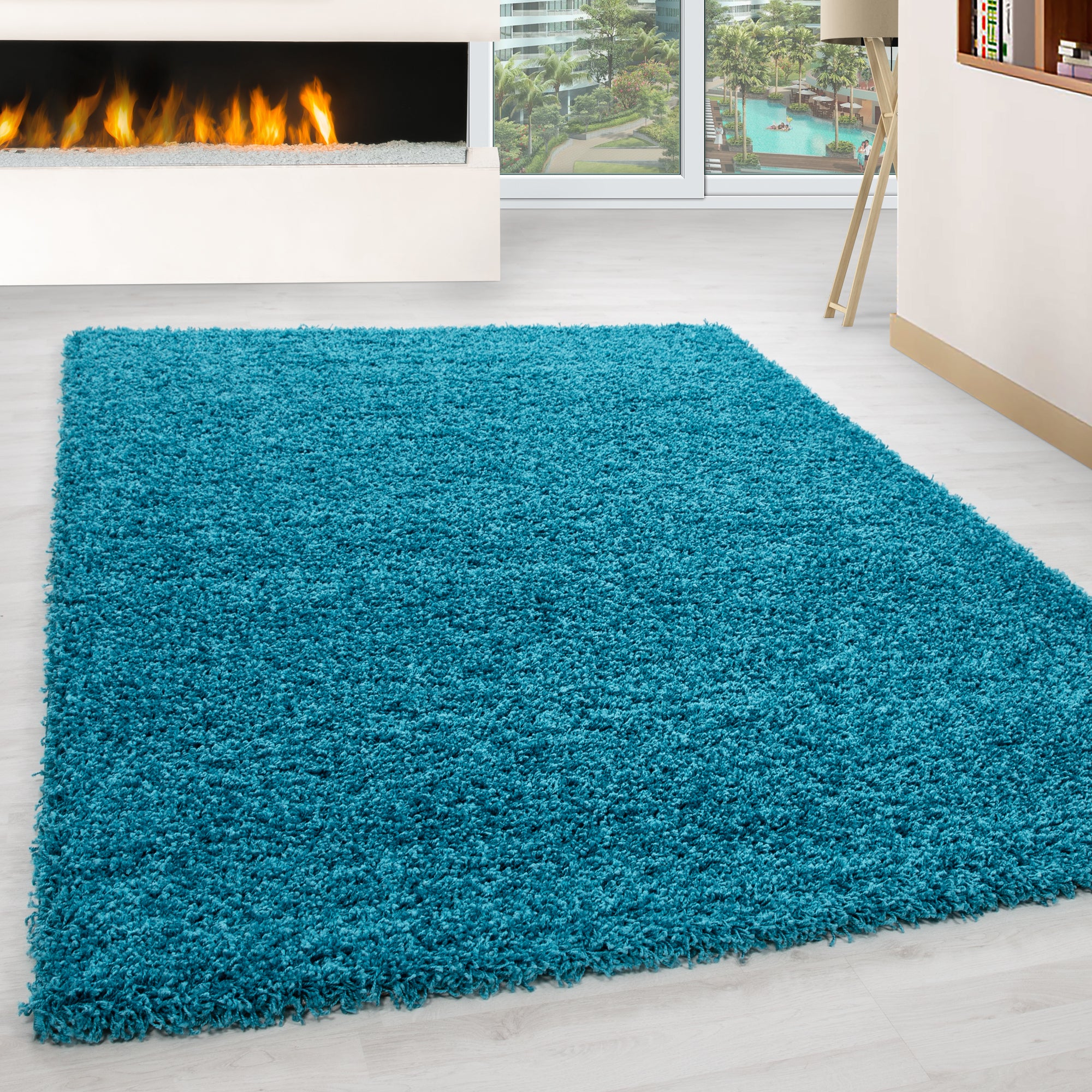 Deep pile rug for living room, long pile shaggy rug, plain design, fluffy