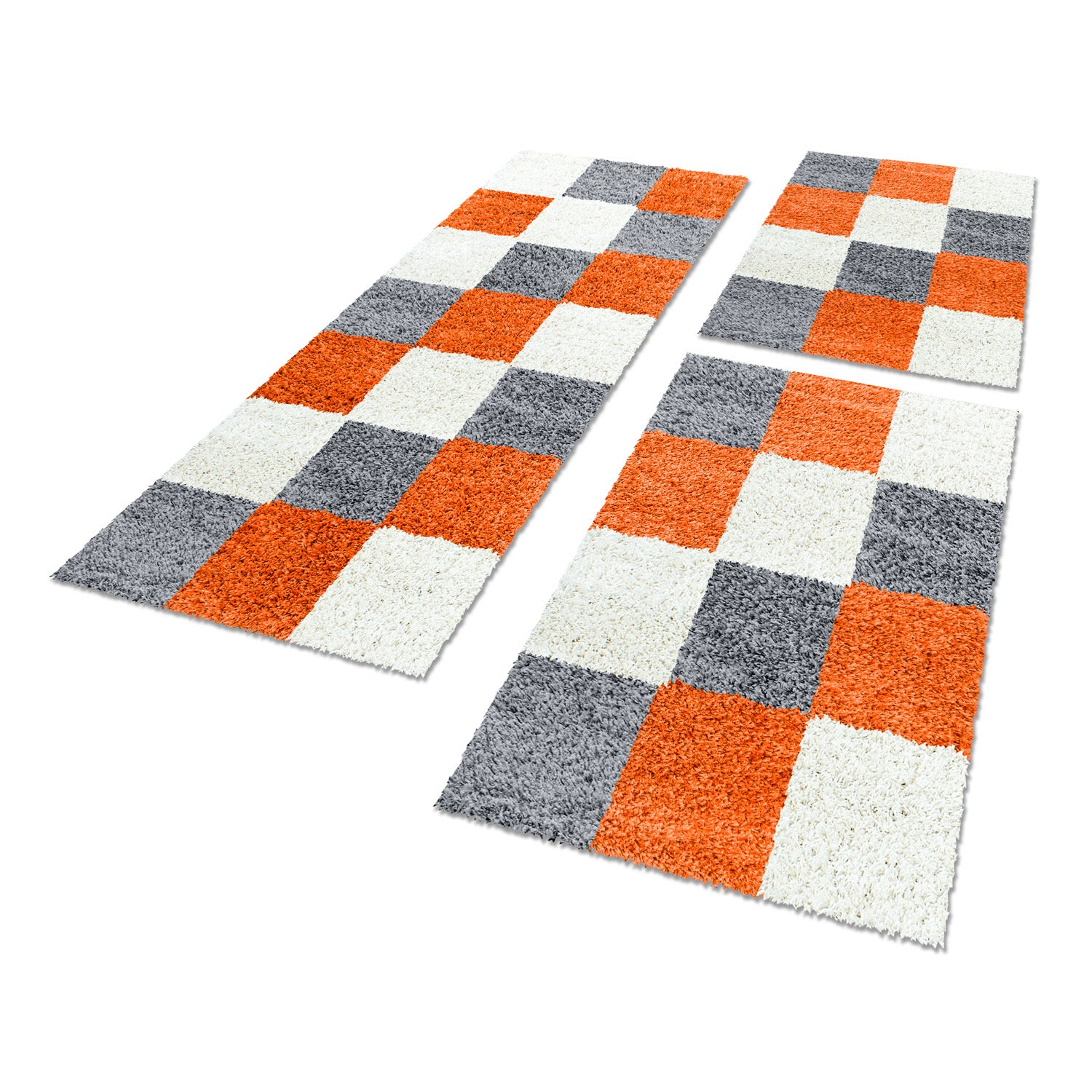 Bordure de lit tapis à poils longs set de 3 pièces motif à carreaux gris terra crème