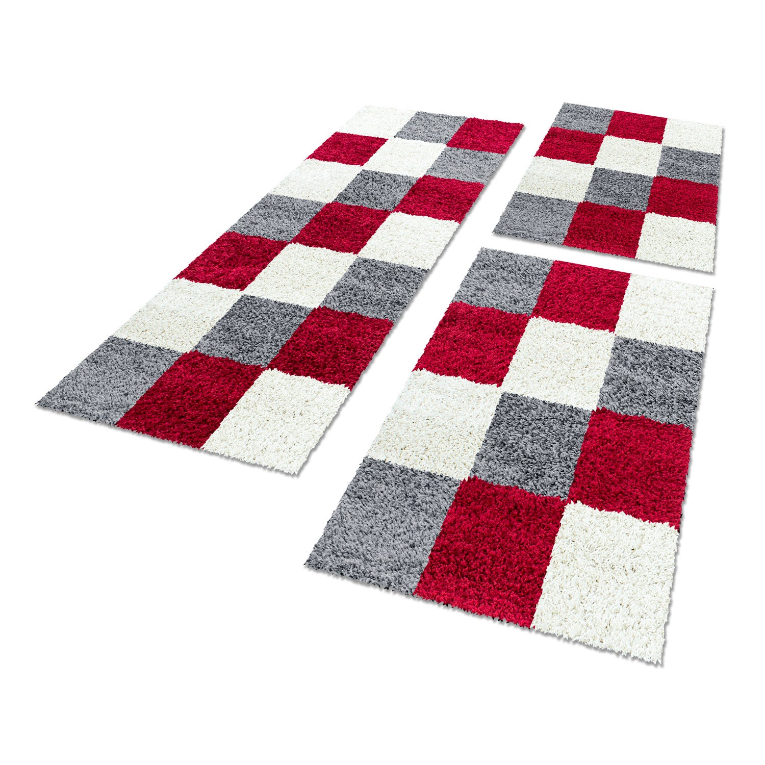 Bettumrandung Hochflor Teppich Läuferset 3 teilig Karo muster Grau Rot Creme