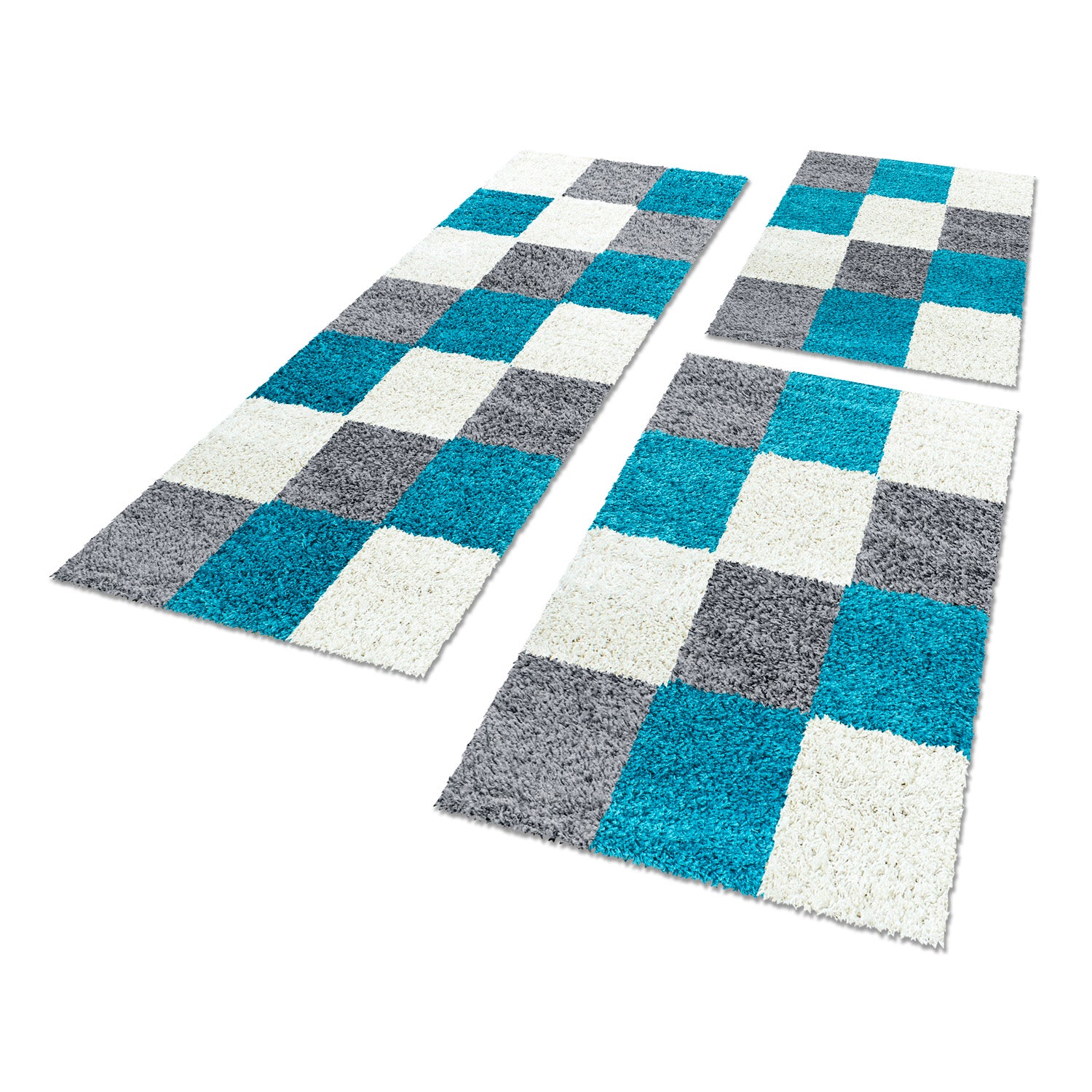 Bettumrandung Hochflor Teppich Läuferset 3 teilig Karo muster Grau Türkis Creme