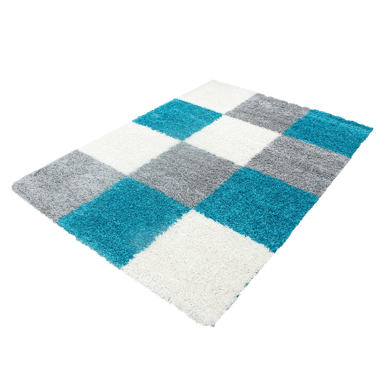 Shaggy rug, deep pile, long pile living room rug, patterned in checked design