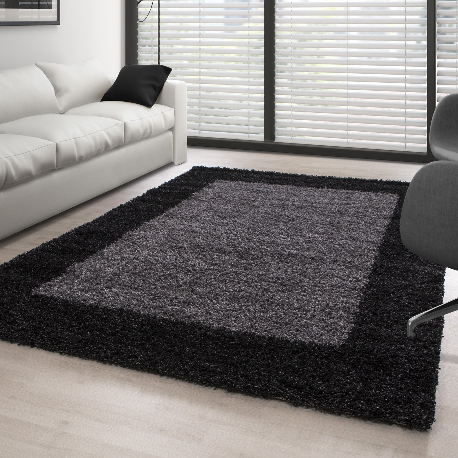 Shaggy Teppich Hochflor Langflor Wohnzimmer Teppich Gemustert in Bordüre Design