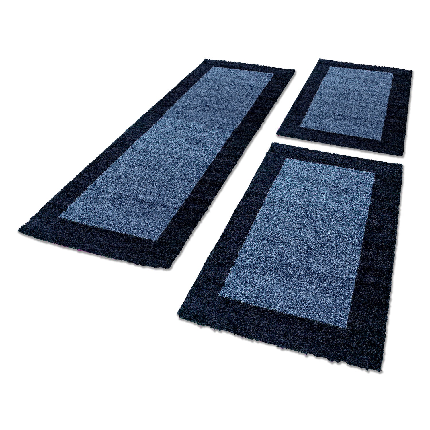 Bed border high pile carpet runner set 3 pieces border pattern navy blue