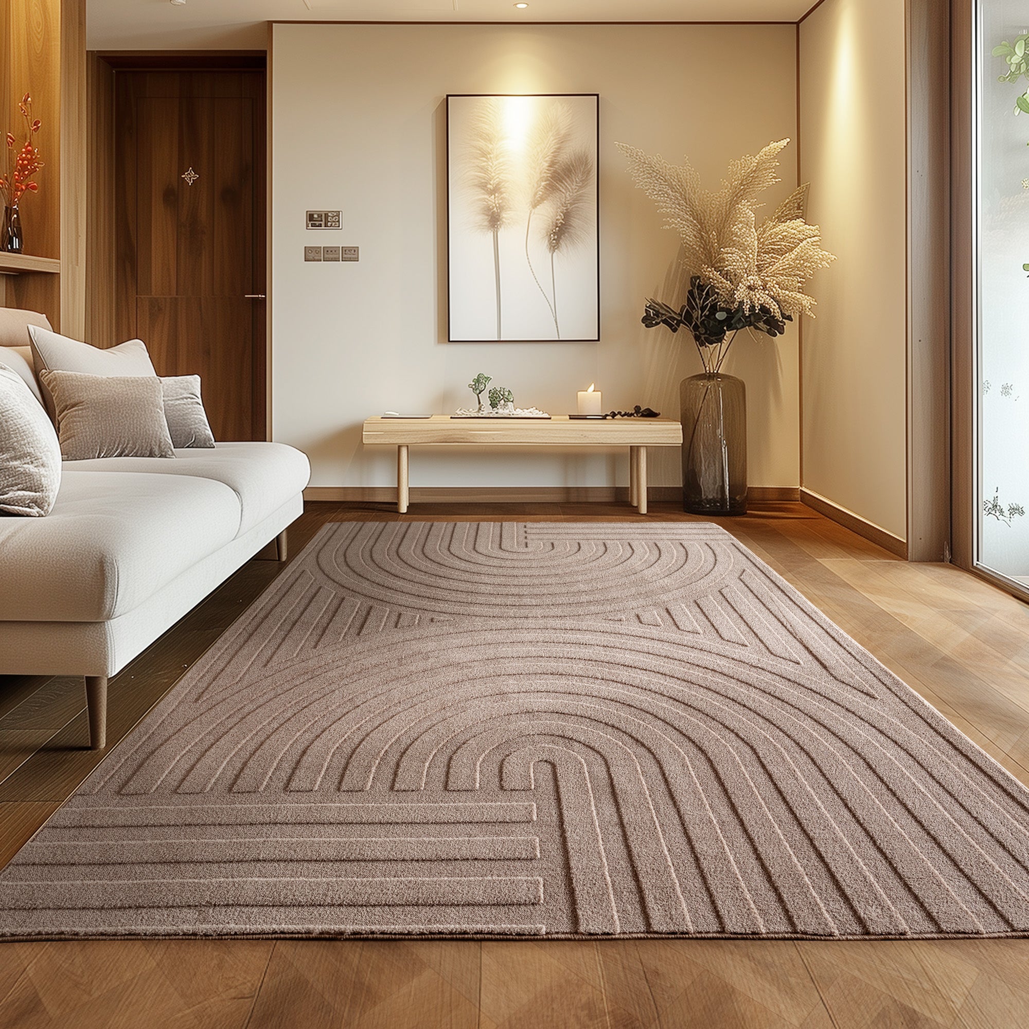 Skandinavischer Boho Teppich Wohnzimmer Einfarbig Beige-Creme Waschbarer Teppich