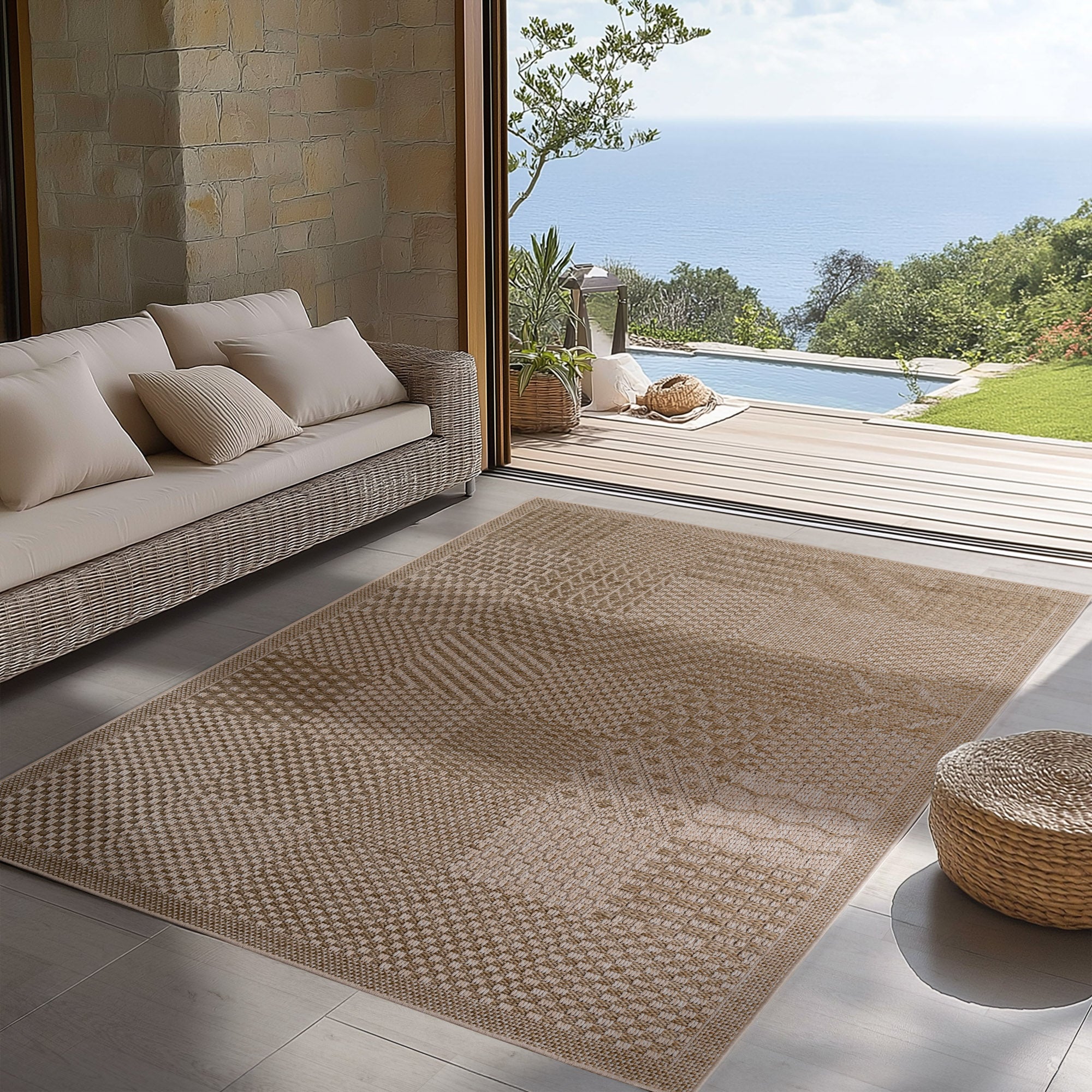 Carpettex Outdoor Teppich Wetterfest Küche Balkon & Wohnzimmer Boho Stil Beige-2