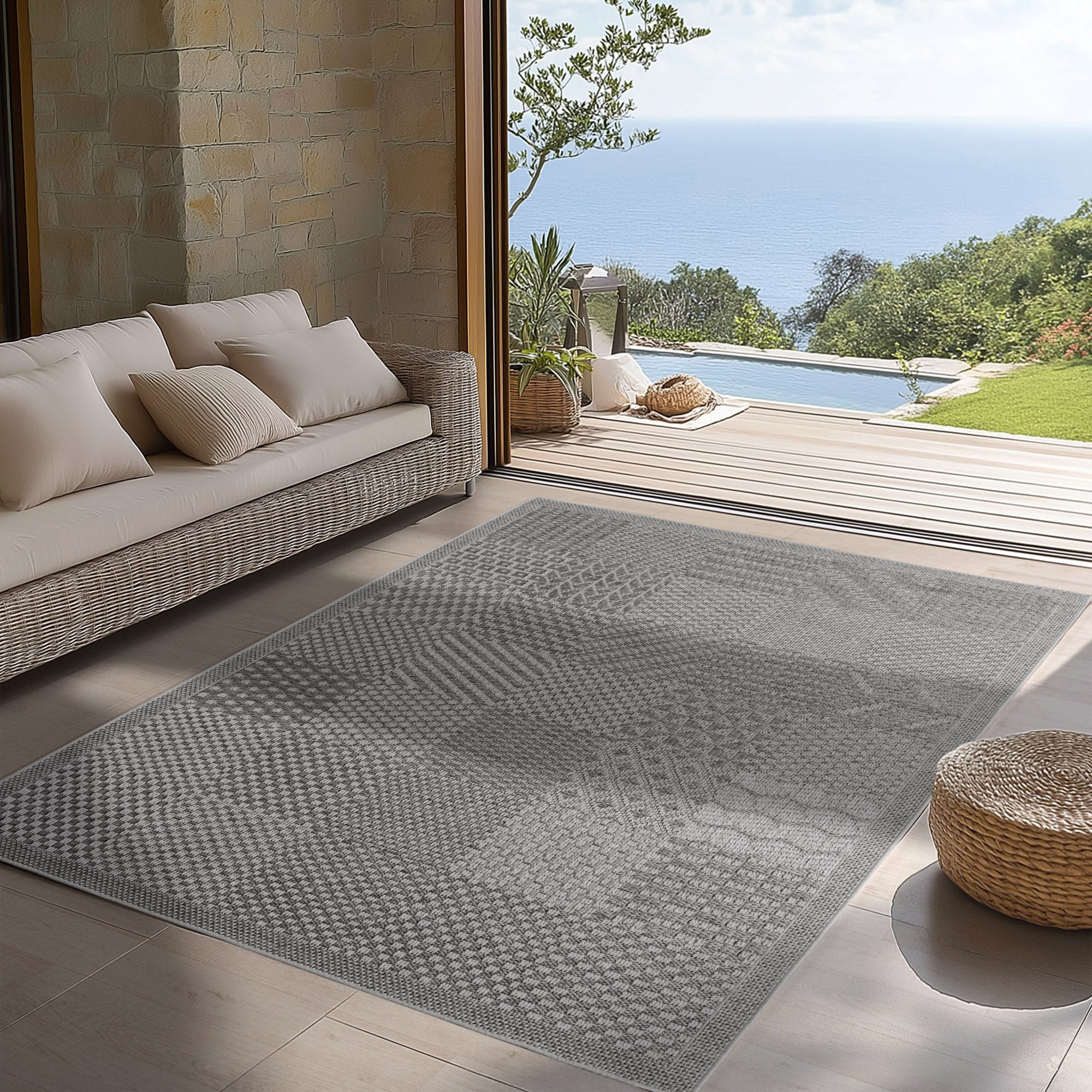 Carpettex Outdoor Teppich Wetterfest Küche Balkon & Wohnzimmer Boho Stil Grau-2