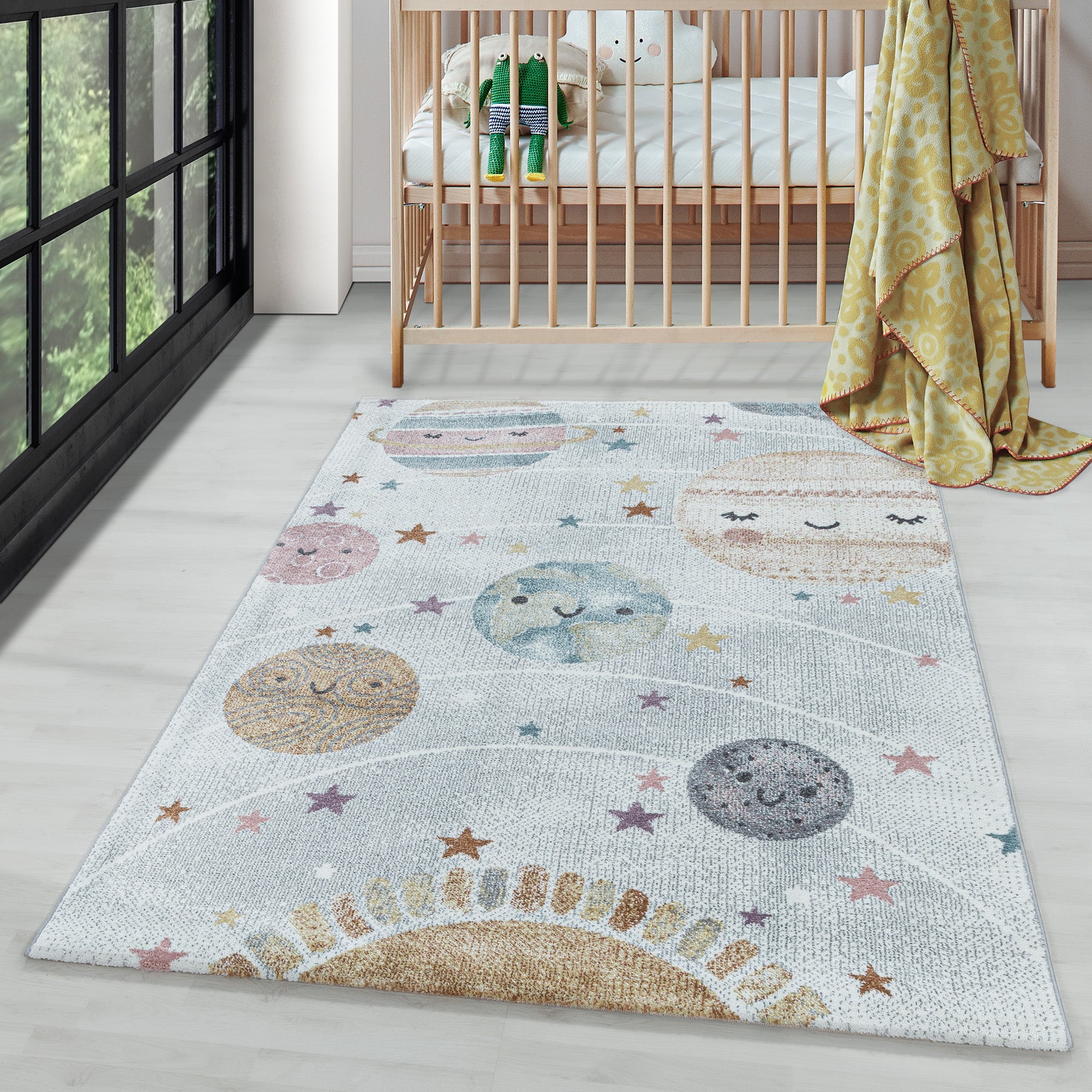 Children's Rug Planets Space Design Modern Easy Care Rug Children's Room