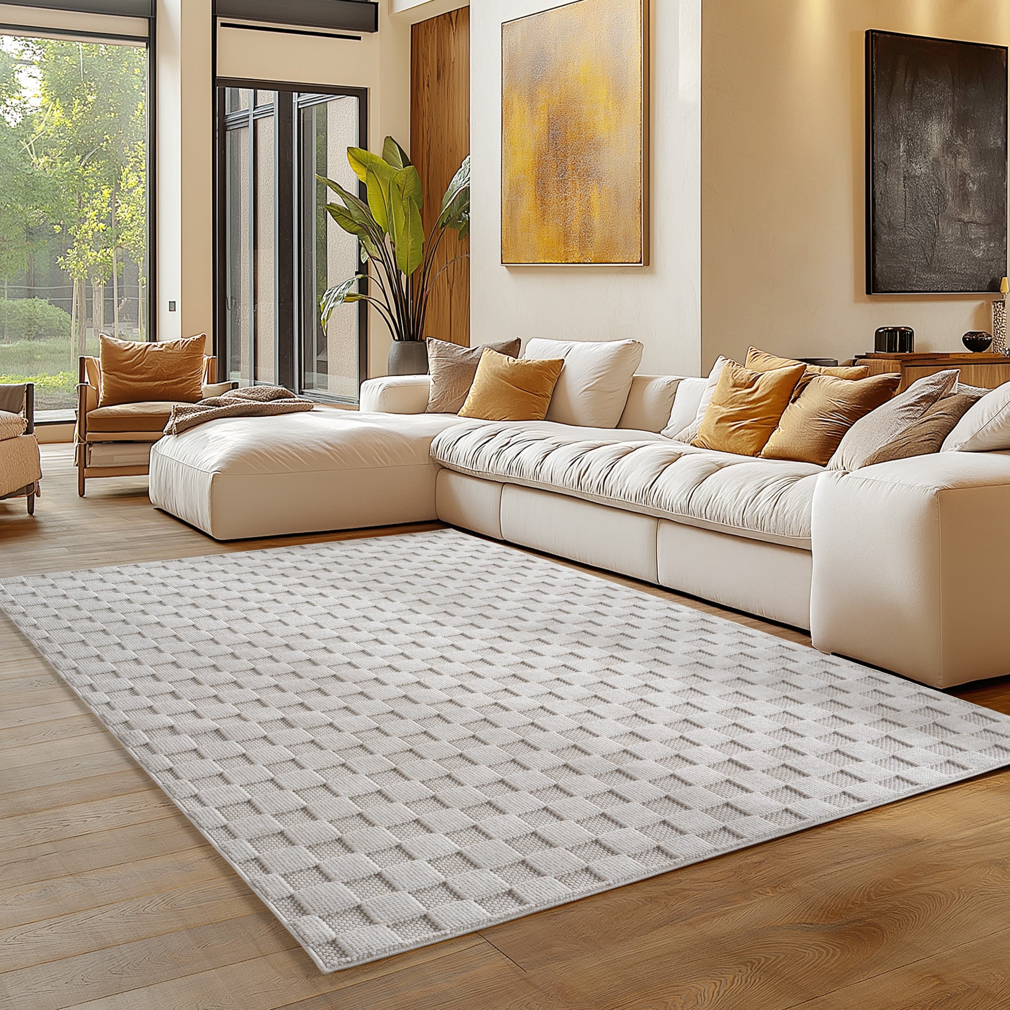 Carpettex Teppich Einfarbig Bouclé Karo Stil Pflegeleicht Wohnzimmer Esszimmer
