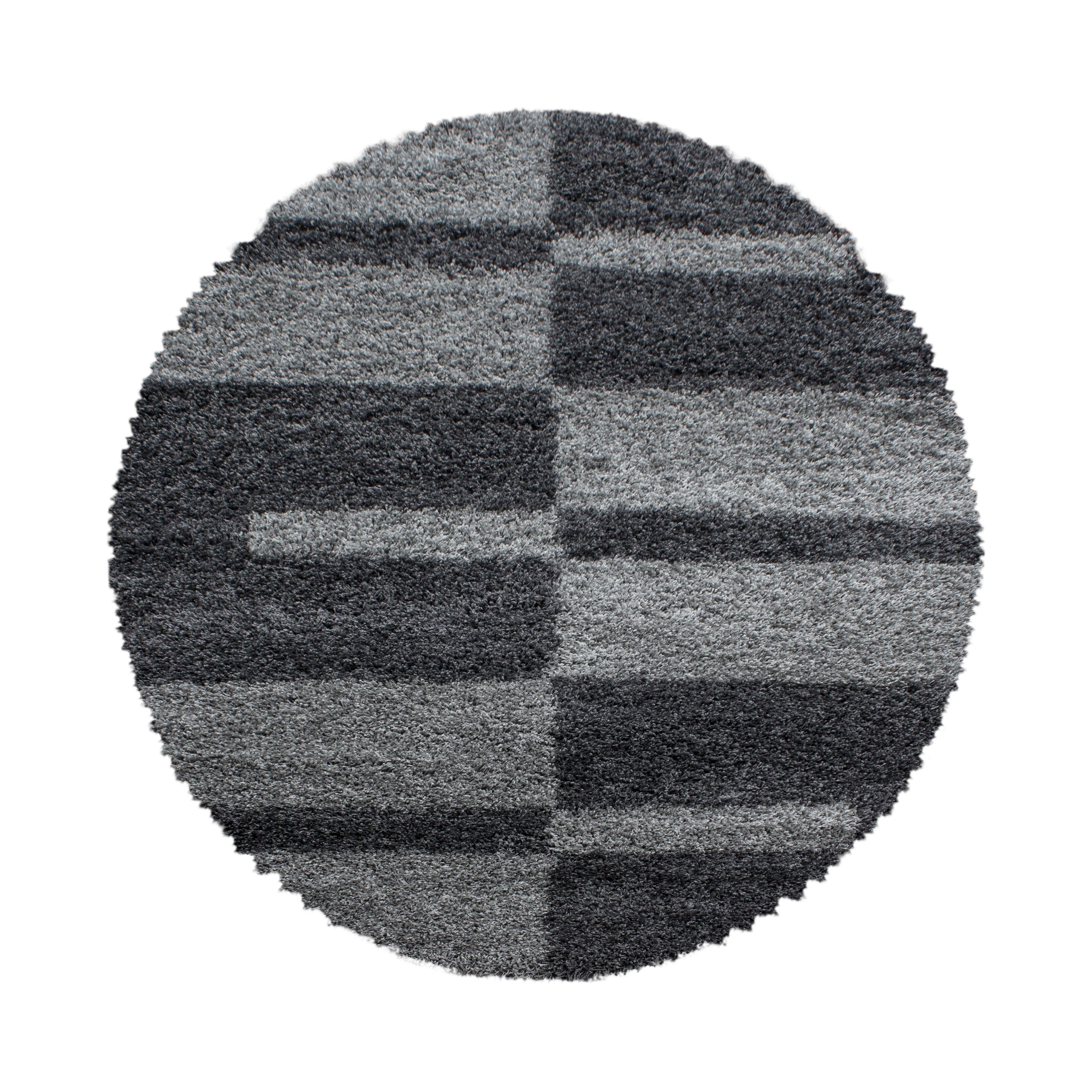 Designer Shaggy Rug Round Modern Checked Design Deep Pile Rug Living Room