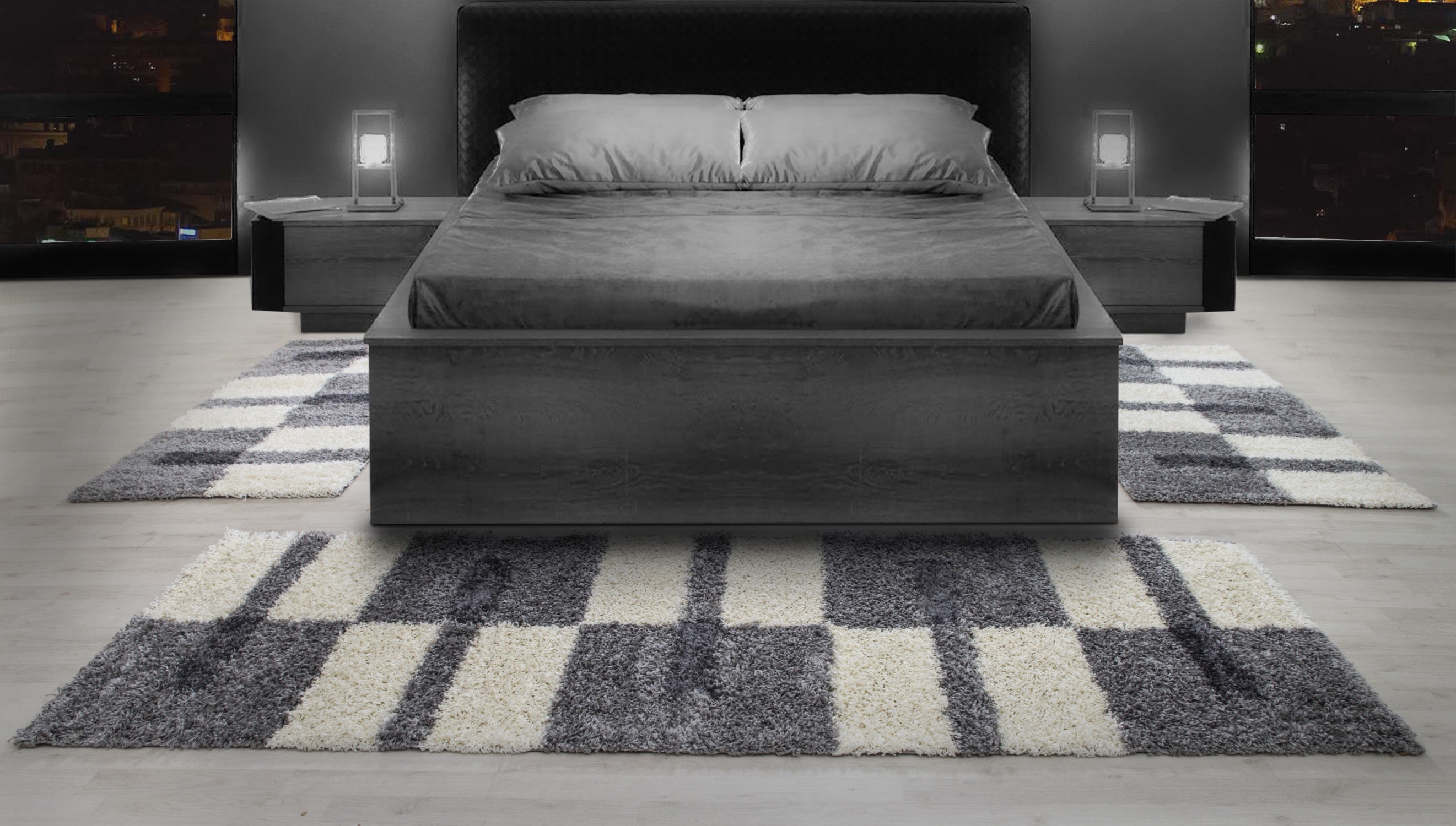Bordure de lit tapis shaggy à poils longs set de 3 pièces à carreaux gris clair blanc