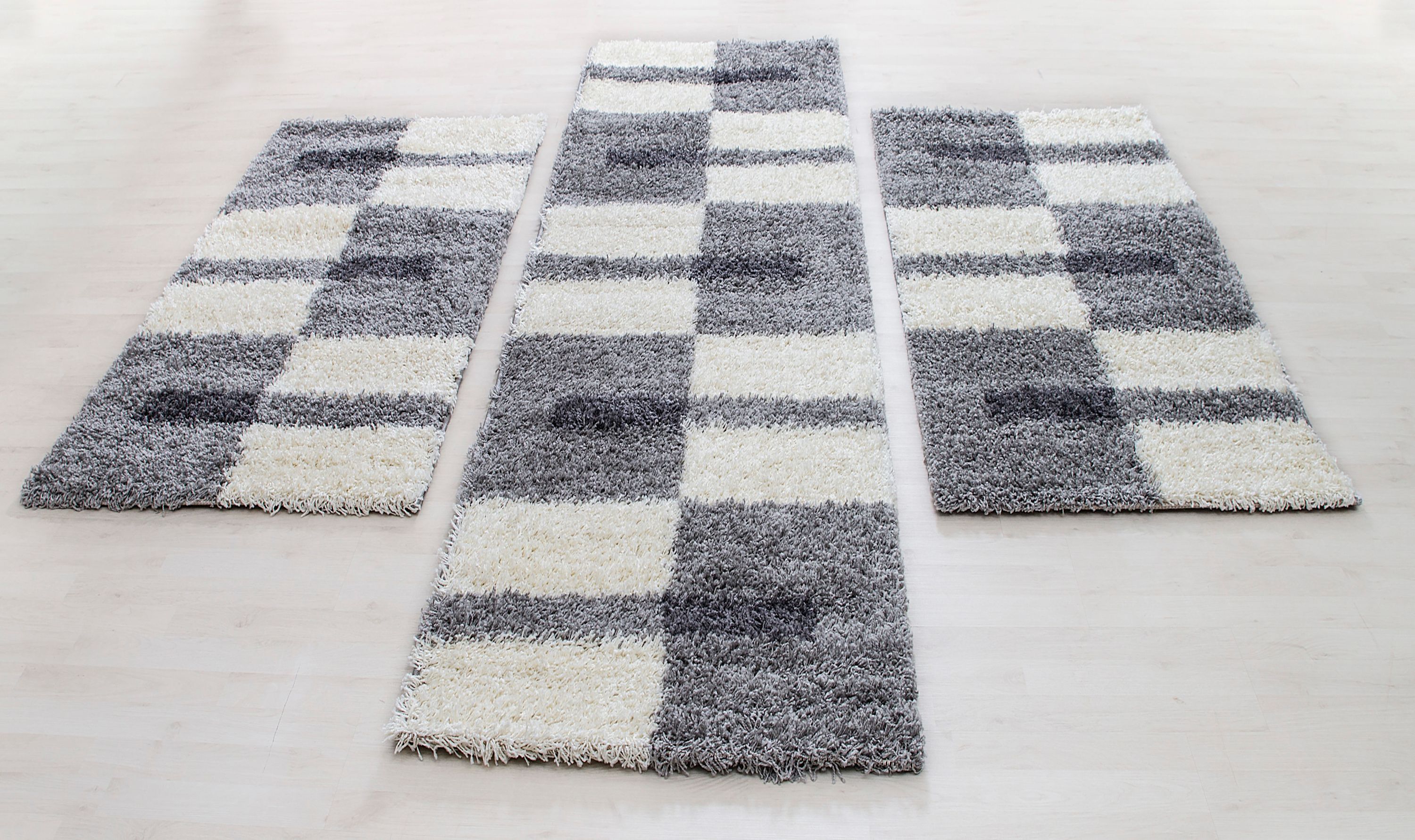 Bordure de lit tapis shaggy à poils longs set de 3 pièces à carreaux gris clair blanc