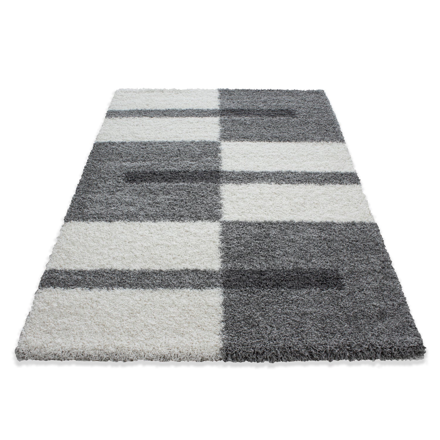 Designer Hochflor Teppich Modern Kariert Design Shaggy Teppich Wohnzimmer