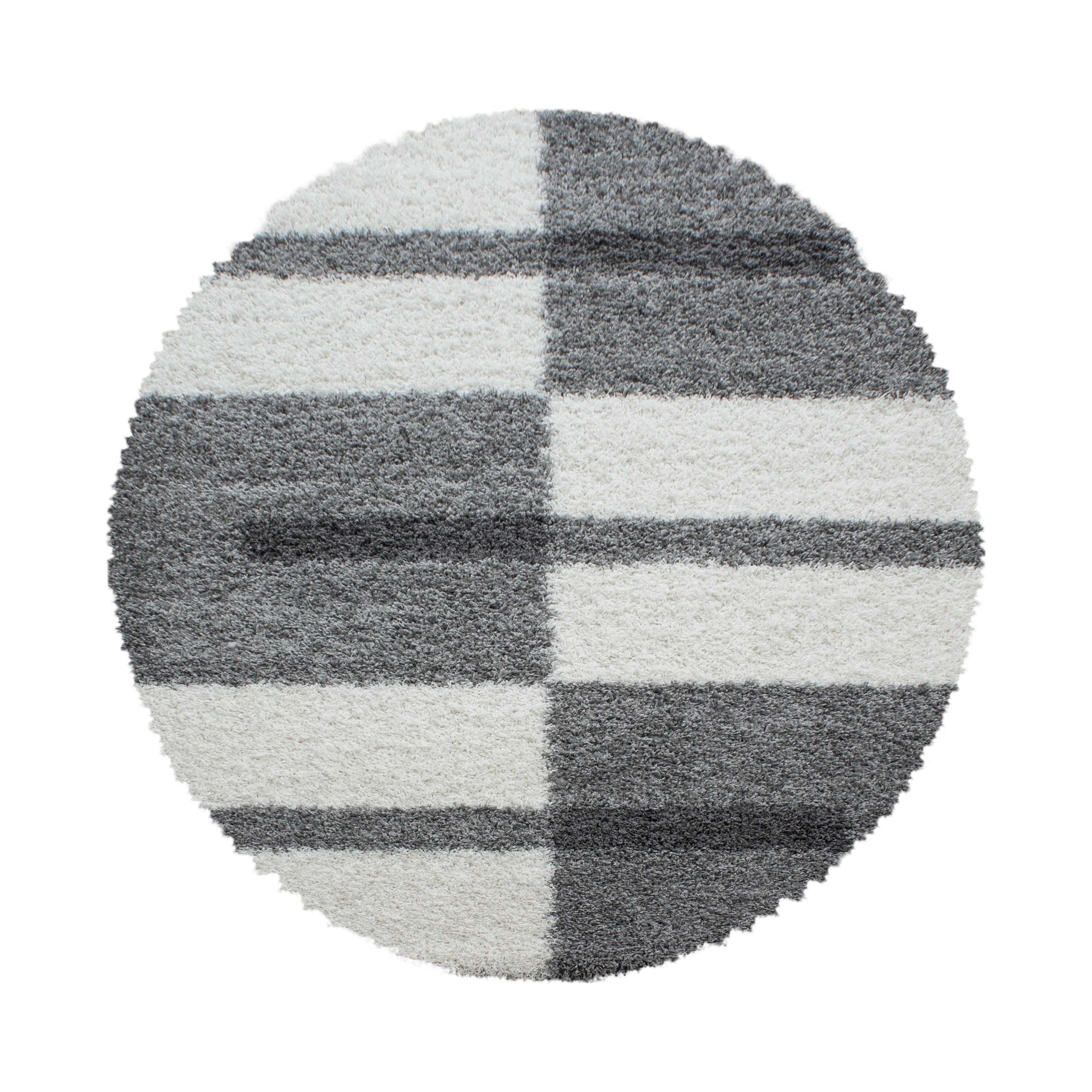 Designer Shaggy Rug Round Modern Checked Design Deep Pile Rug Living Room