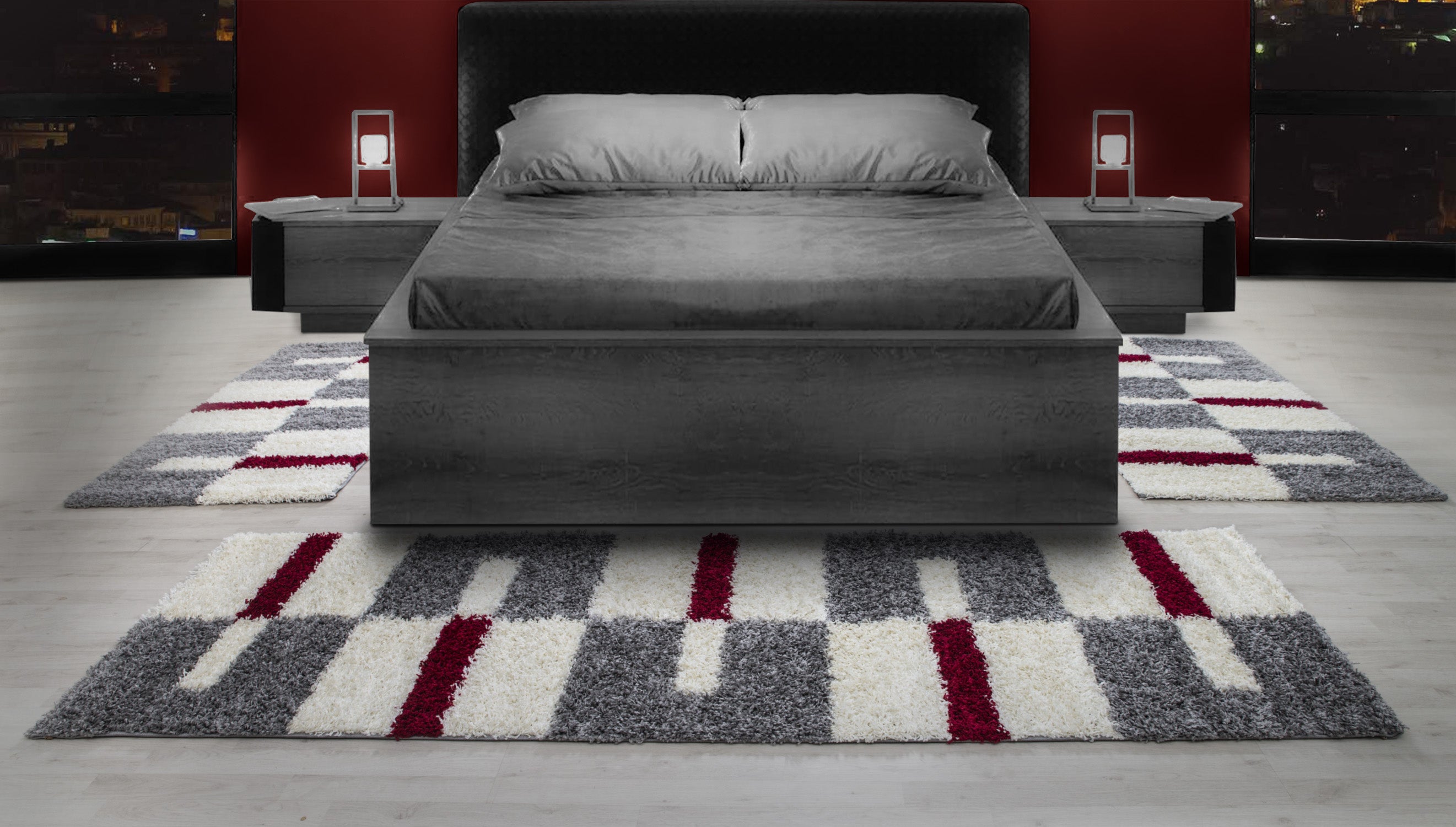 Bed border high pile shaggy rug runner set 3 pieces checked gray red white