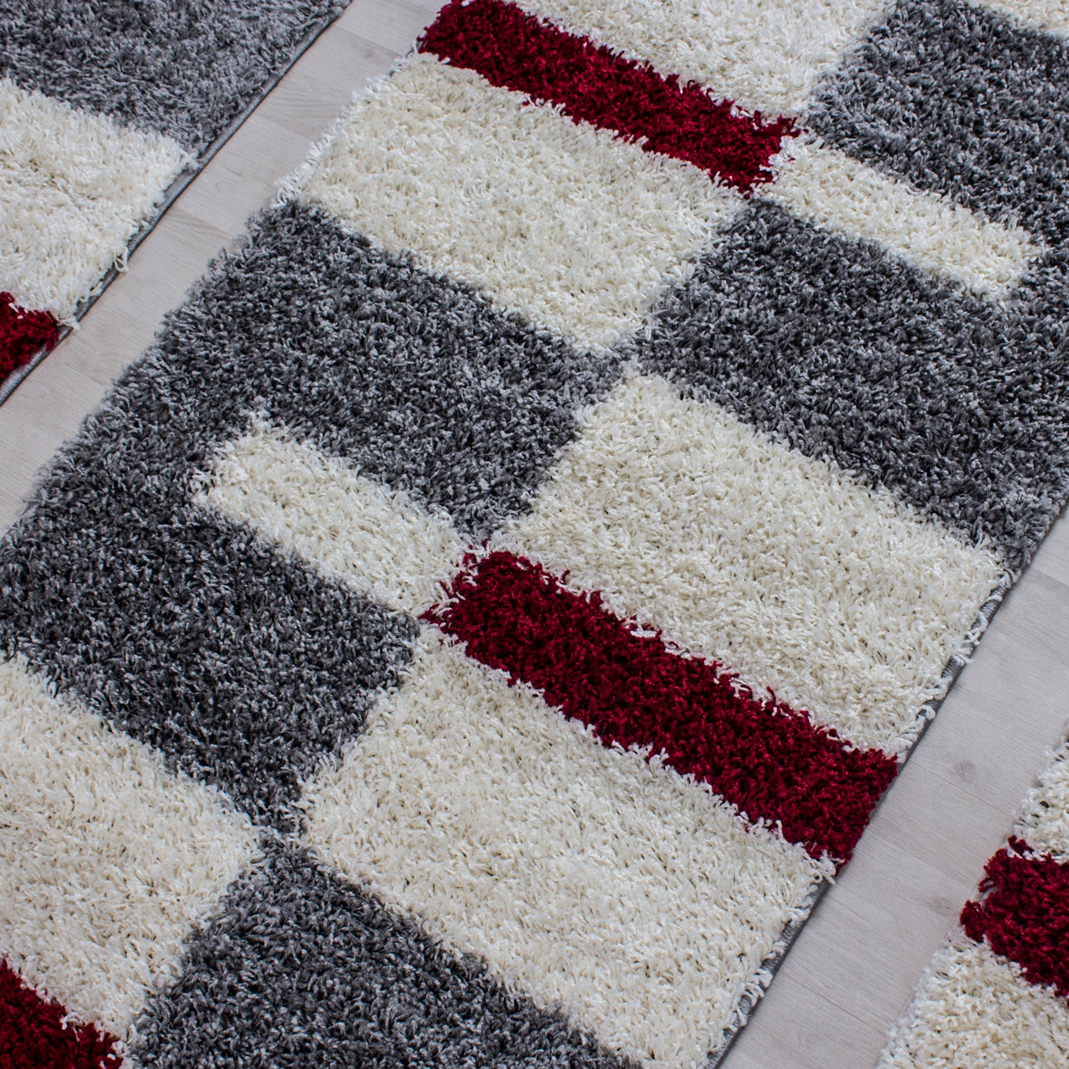 Bed border high pile shaggy rug runner set 3 pieces checked gray red white